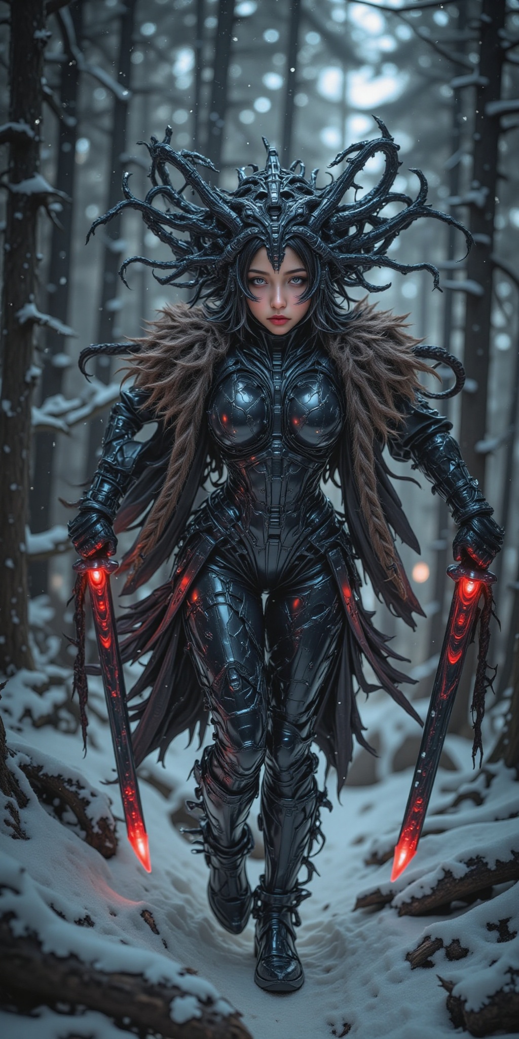 A fierce Indian warrior charges forward through a blustery,  snow-laden forest,  her battered black chrome armor gleaming...