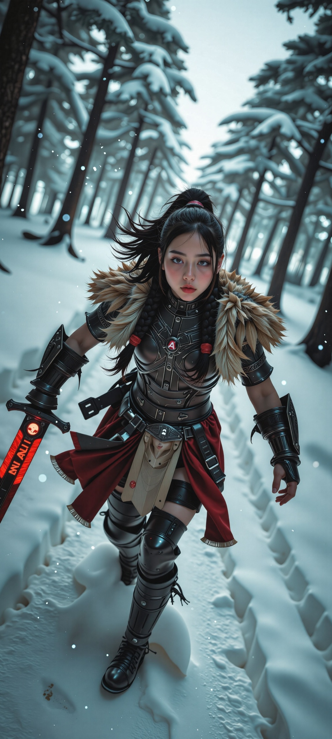 A fierce Indian warrior charges forward through a blustery,  snow-laden forest,  her battered black chrome armor gleaming...