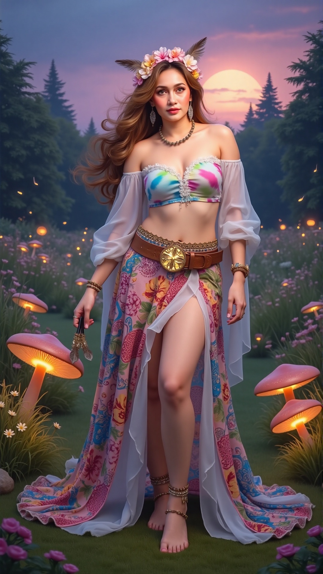 This digital artwork presents a bold female figure with long,  flowing,  light brown hair on Tensor.Art