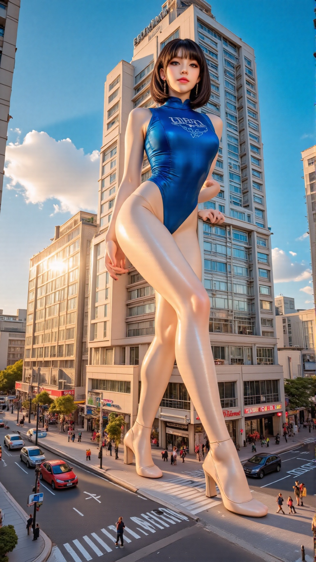 A portrait photography of a young giant woman with delicate features,  black hair,  in a blue highleg leotard on Tensor.Art