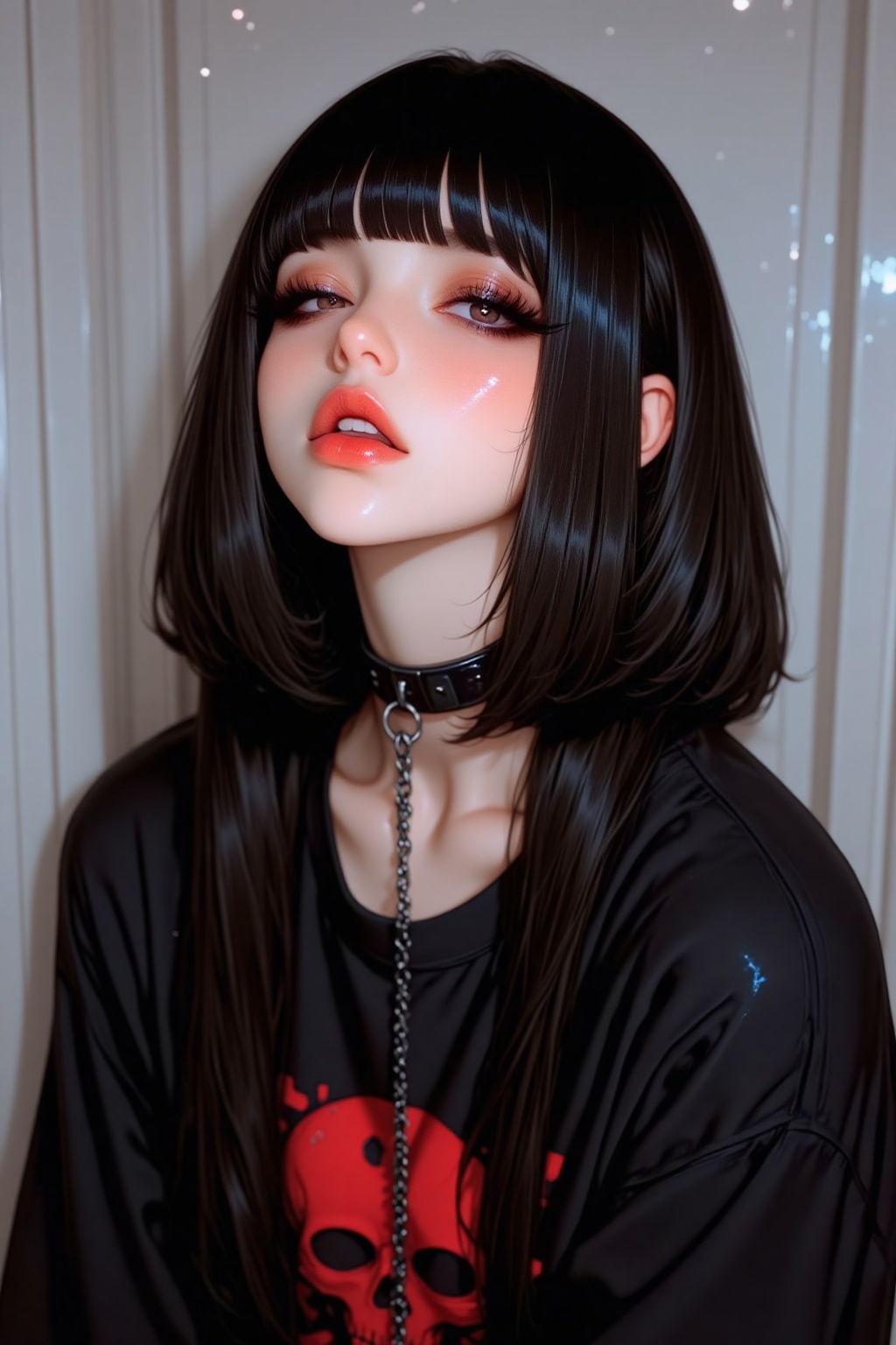 Anime-style digital illustration of a young woman with long black hair,  straight bangs,  and a black choker with a silver...