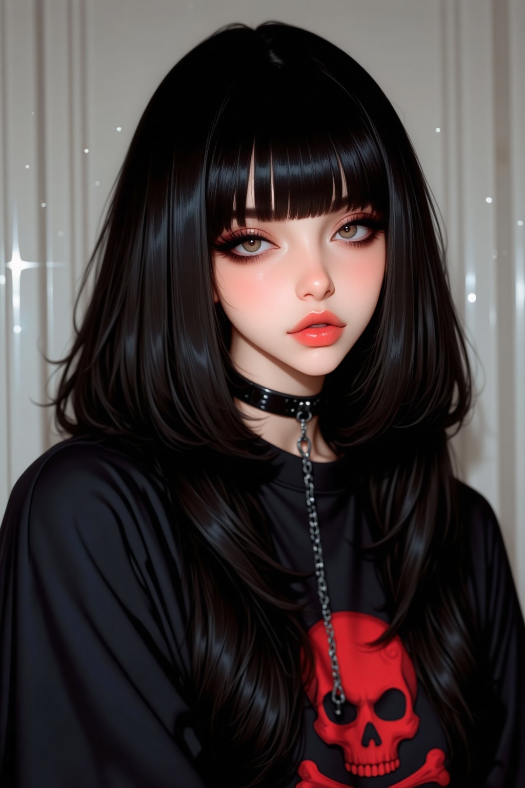 Anime-style digital illustration of a young woman with long black hair straight bangs and a black choker with a silver cha...