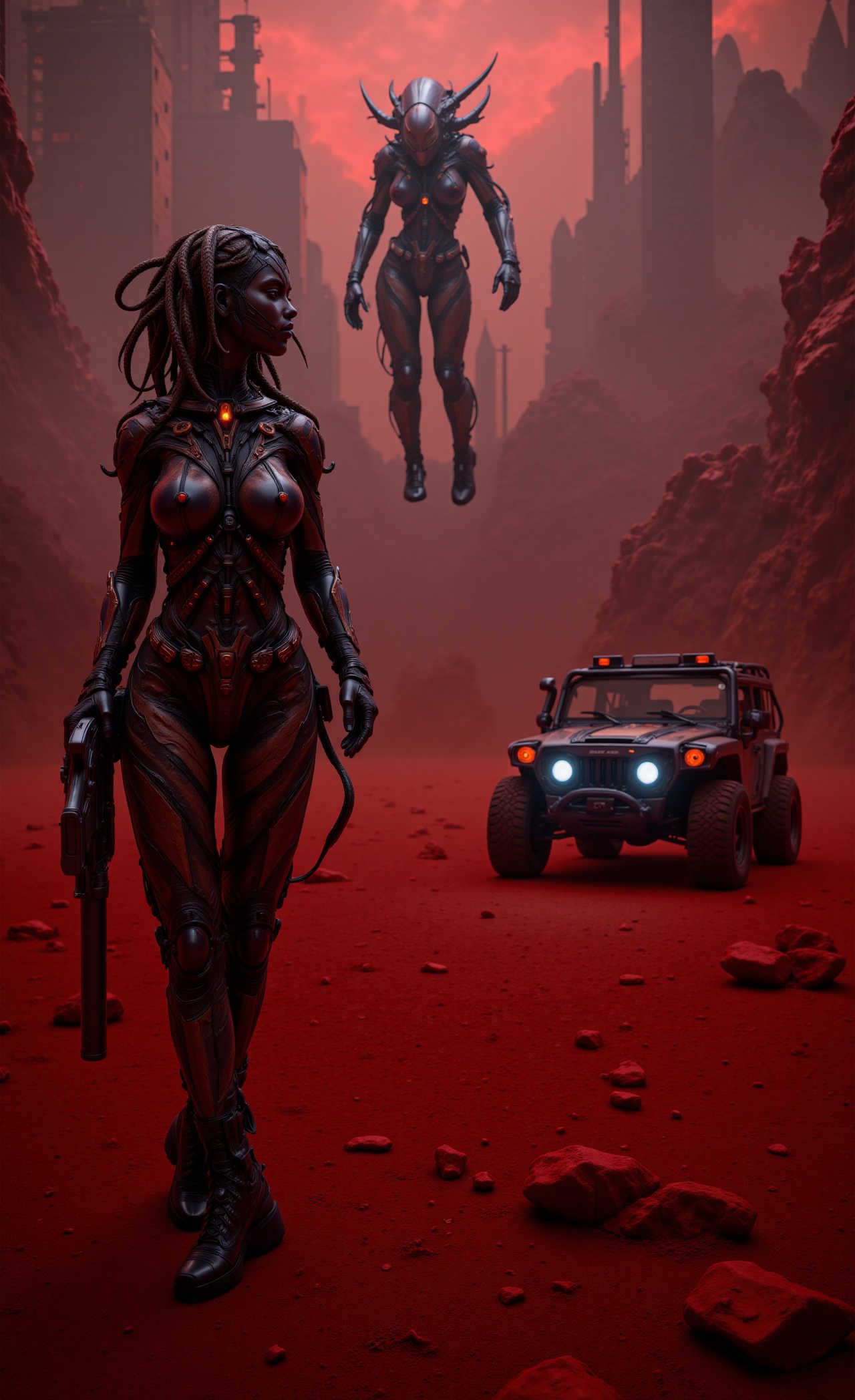 A young female astronaut stands heroically in a crimson-hued Martian landscape,  with the rusty red terrain stretching out...