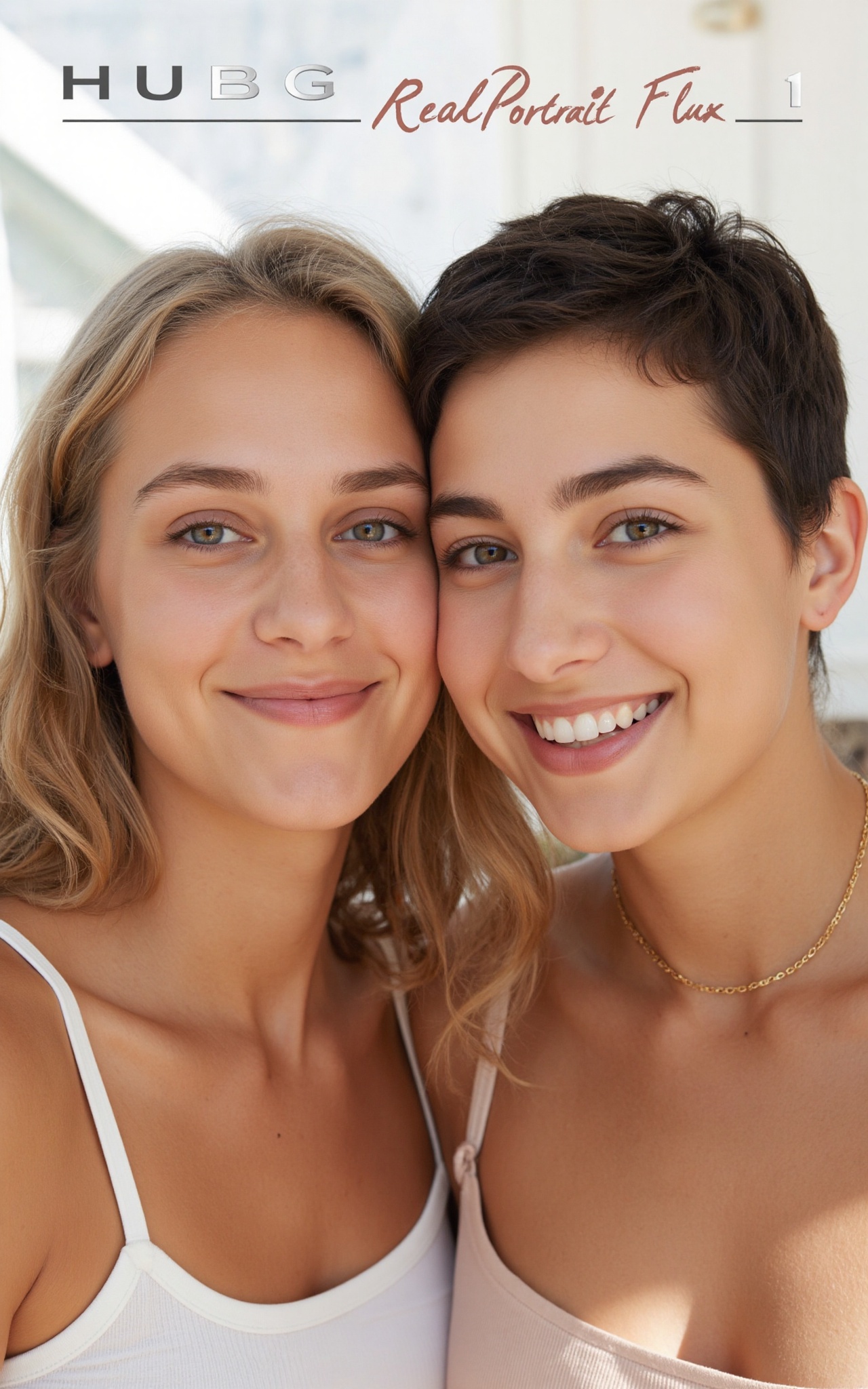 A photograph of two beautiful young women leaning close together. The woman on the left is playfully and the woman on the...