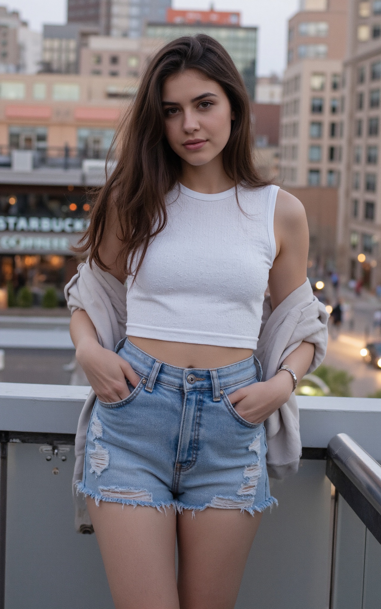 The image shows a young woman standing on a balcony with a cityscape in the background. She is wearing a white crop top wi...