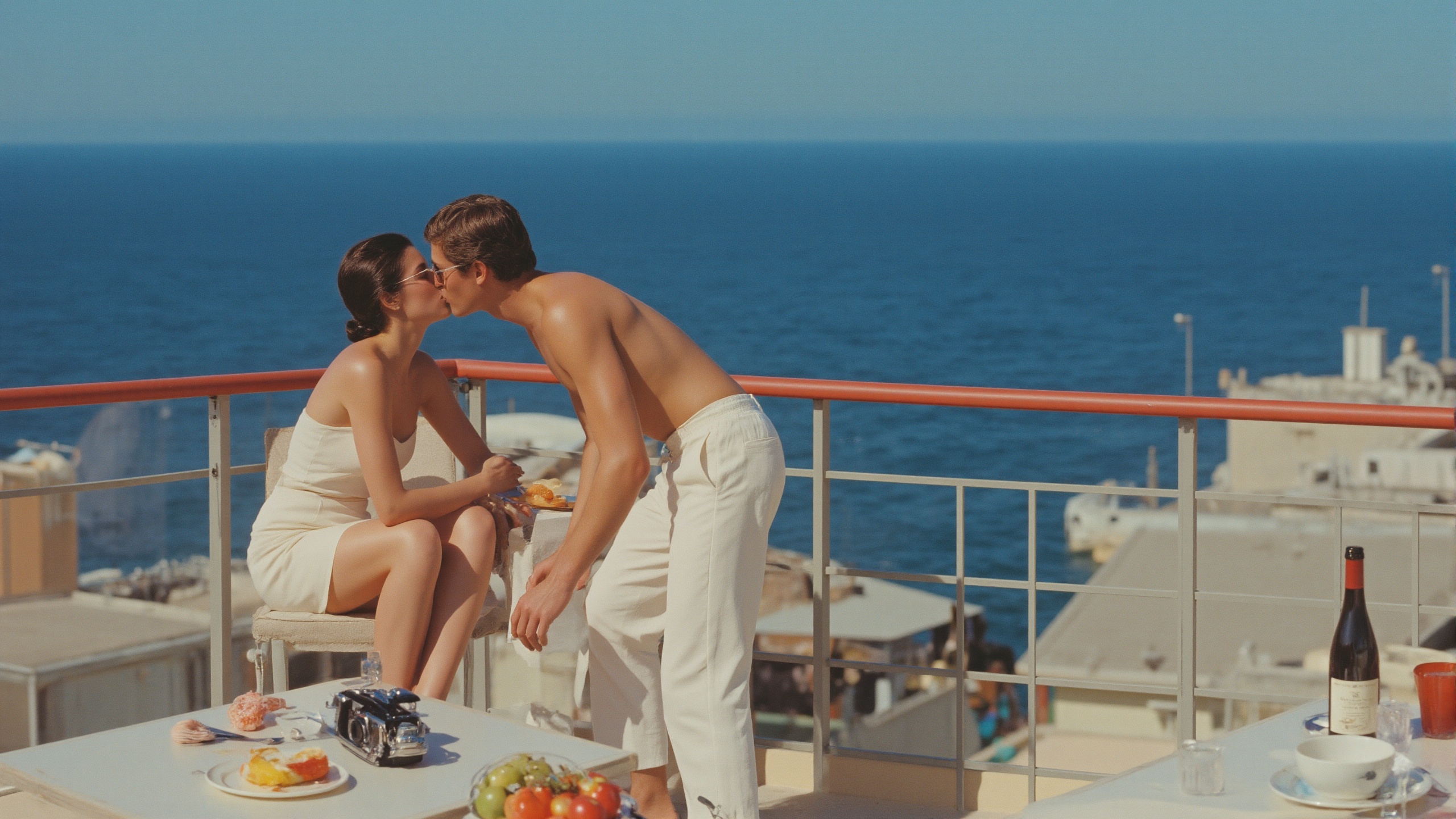 A vintage,  sun-drenched Super 8 film still,  showing a man in linen pants and sunglasses leaning over to kiss a woman sea...