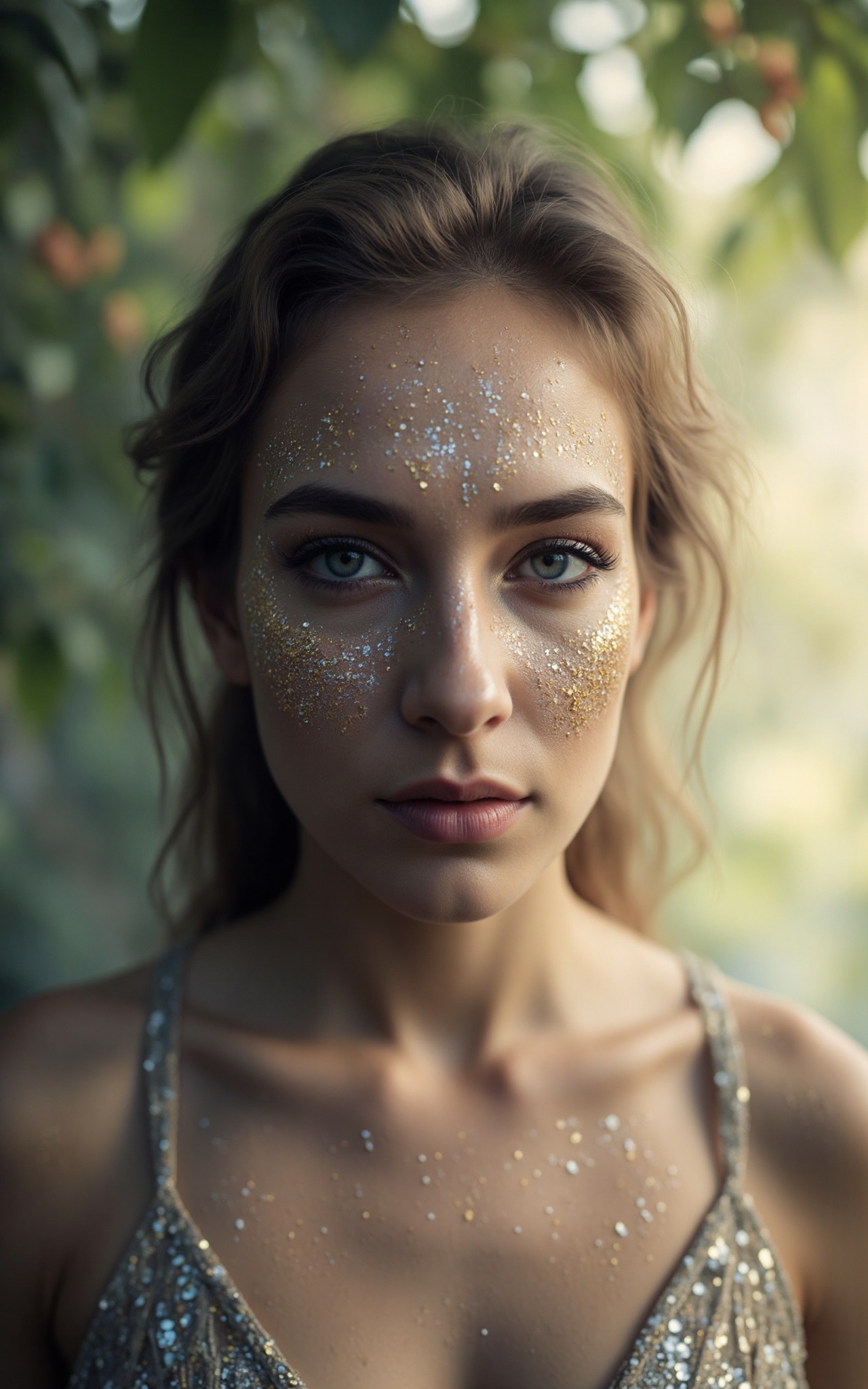 The image depicts a person adorned with intricate makeup and glitter. The makeup includes shimmering gold and silver glitt...