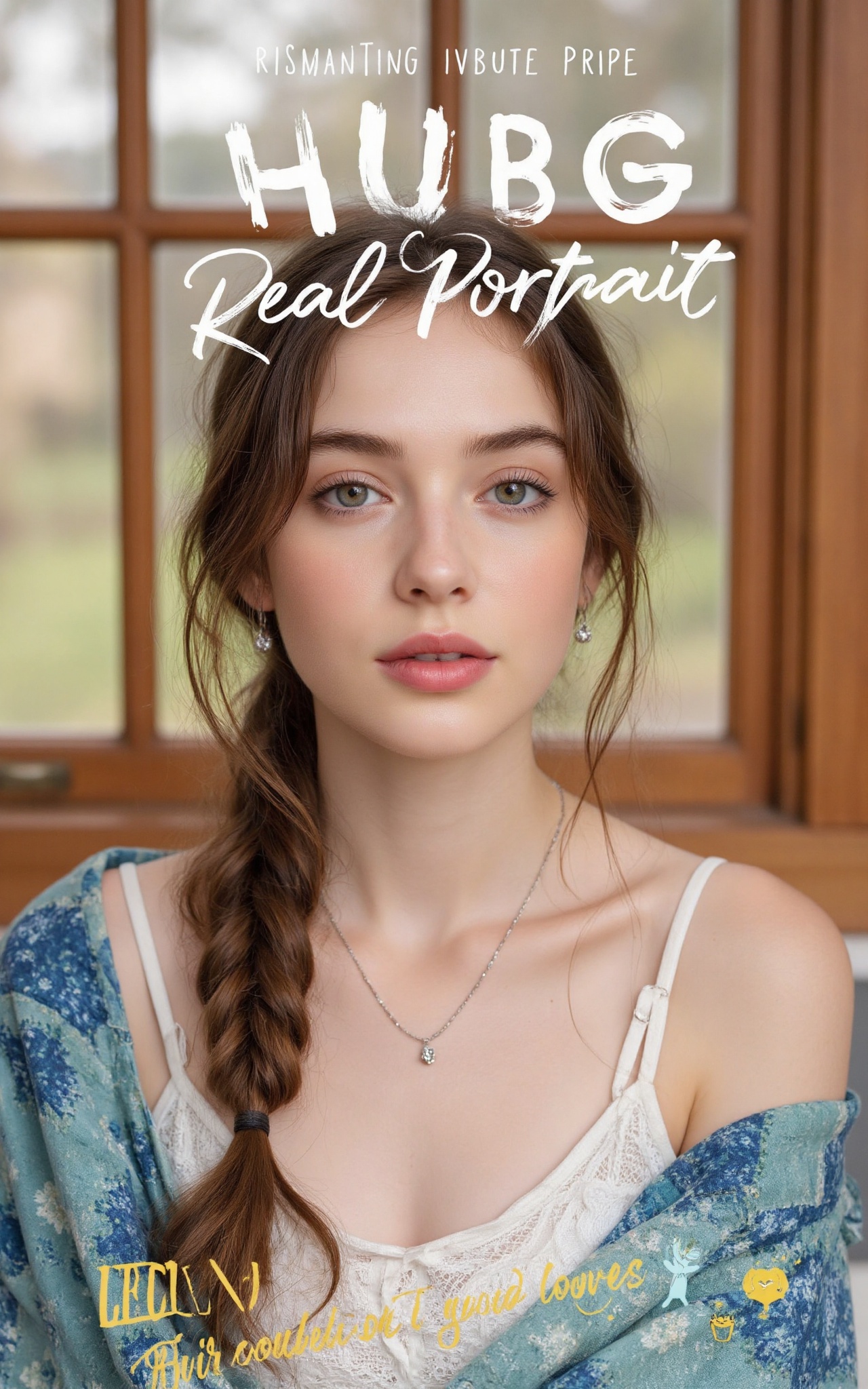 The words “HUBG RealPortrait Flux.1” are prominently displayed above the image.A photograph of a young beautiful 26yo woma...