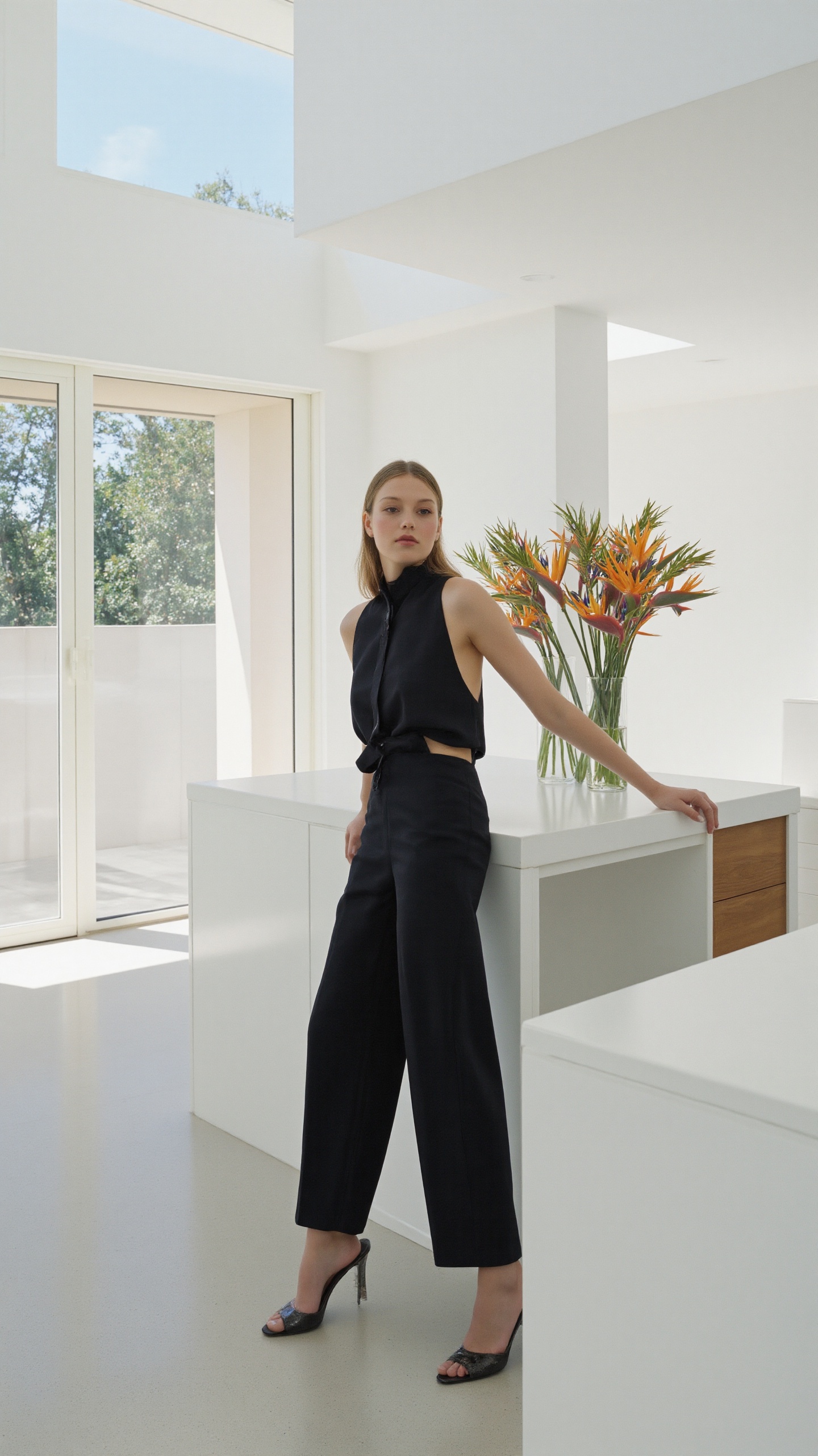 A fashion model wearing a flowing black jumpsuit strikes a pose in a sun-drenched minimalist apartment. The image is captu...