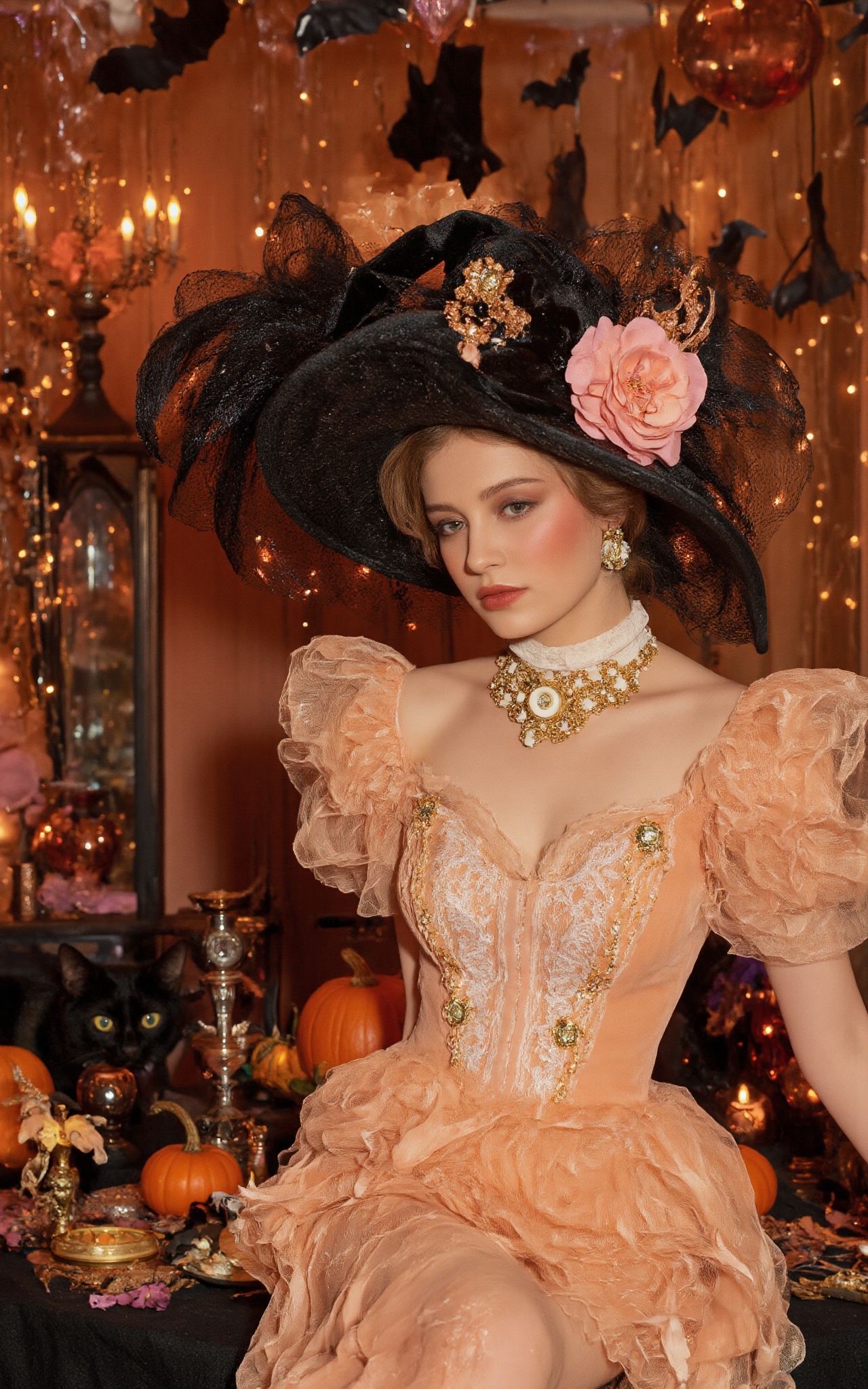 The image depicts a woman dressed in a vintage-style outfit,  including a large black witch hat adorned with a pink flower...