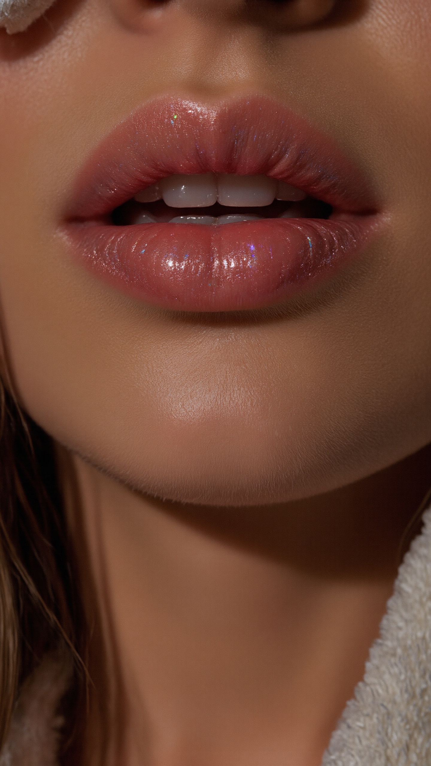 A tantalizing extreme close-up of the lower face,  showcasing full,  gleaming lips wet with shimmering on Tensor.Art