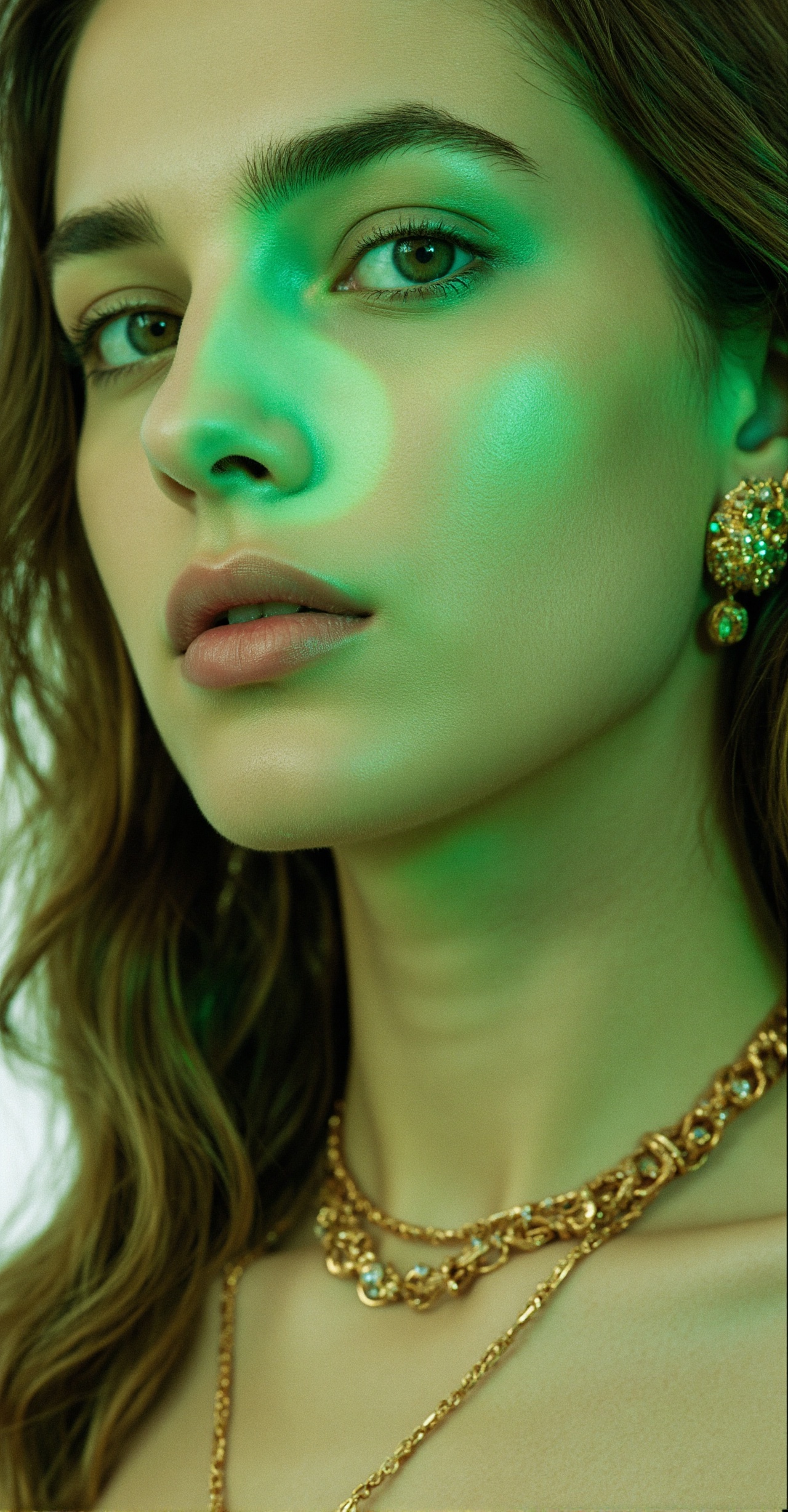 A close-up beauty shot for Vogue Italia,  featuring a model with luminous skin adorned with layered gold and emerald jewel...