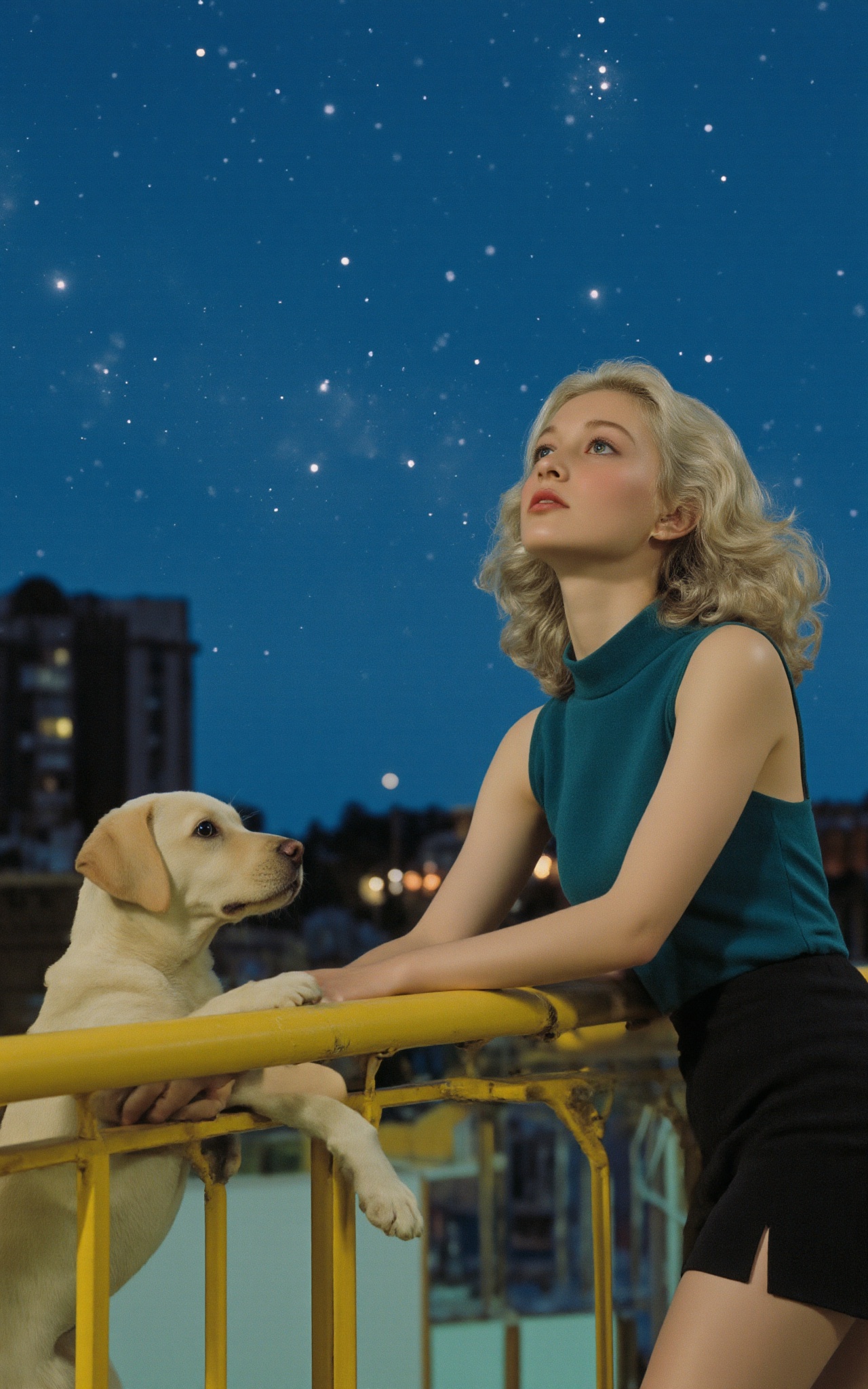 A vintage photograph captures a melancholic moment—she has silver,  retro-style wavy hair and leans against a yellow raili...