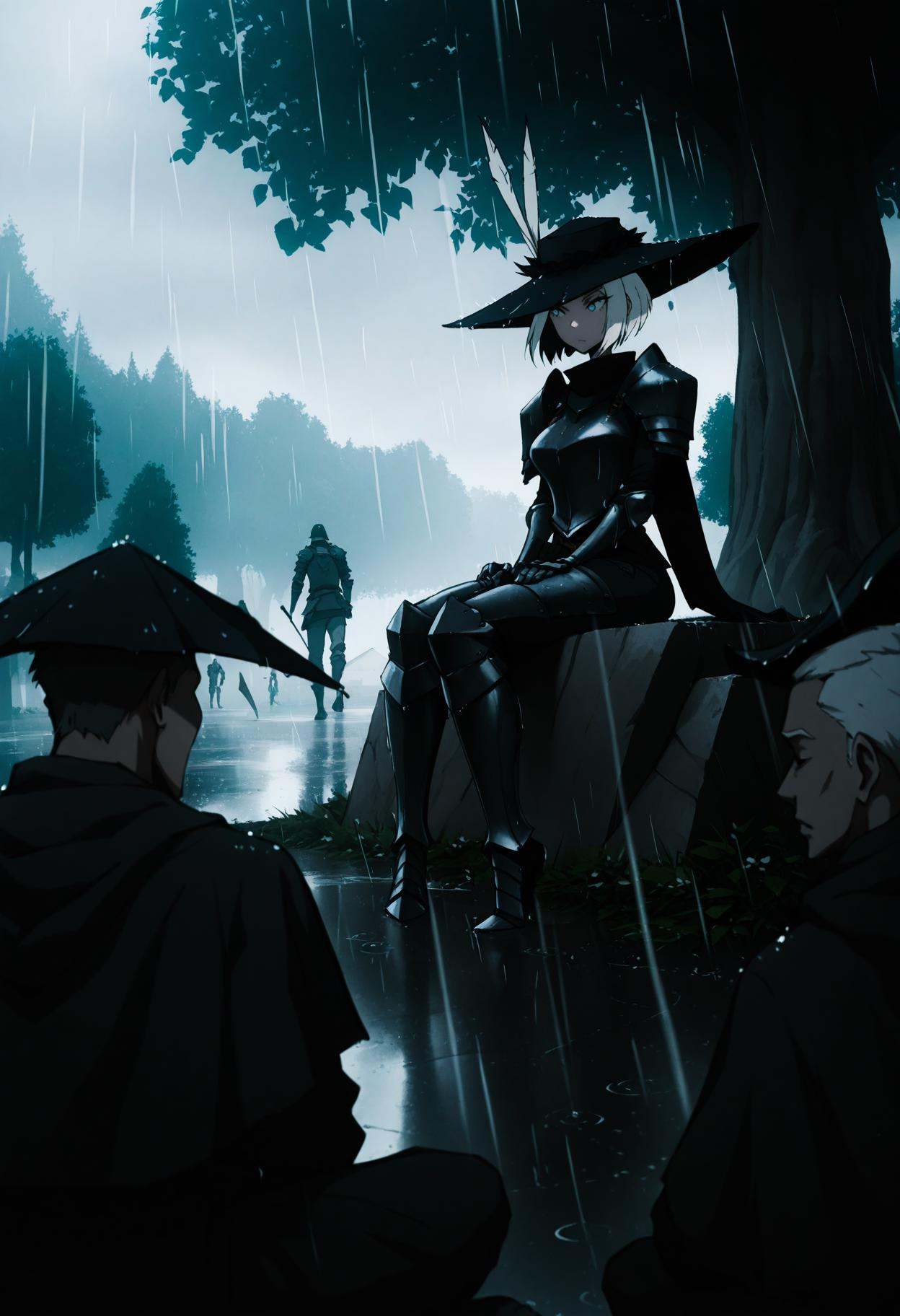 1nfl0u,  white hair,  rain on Tensor.Art
