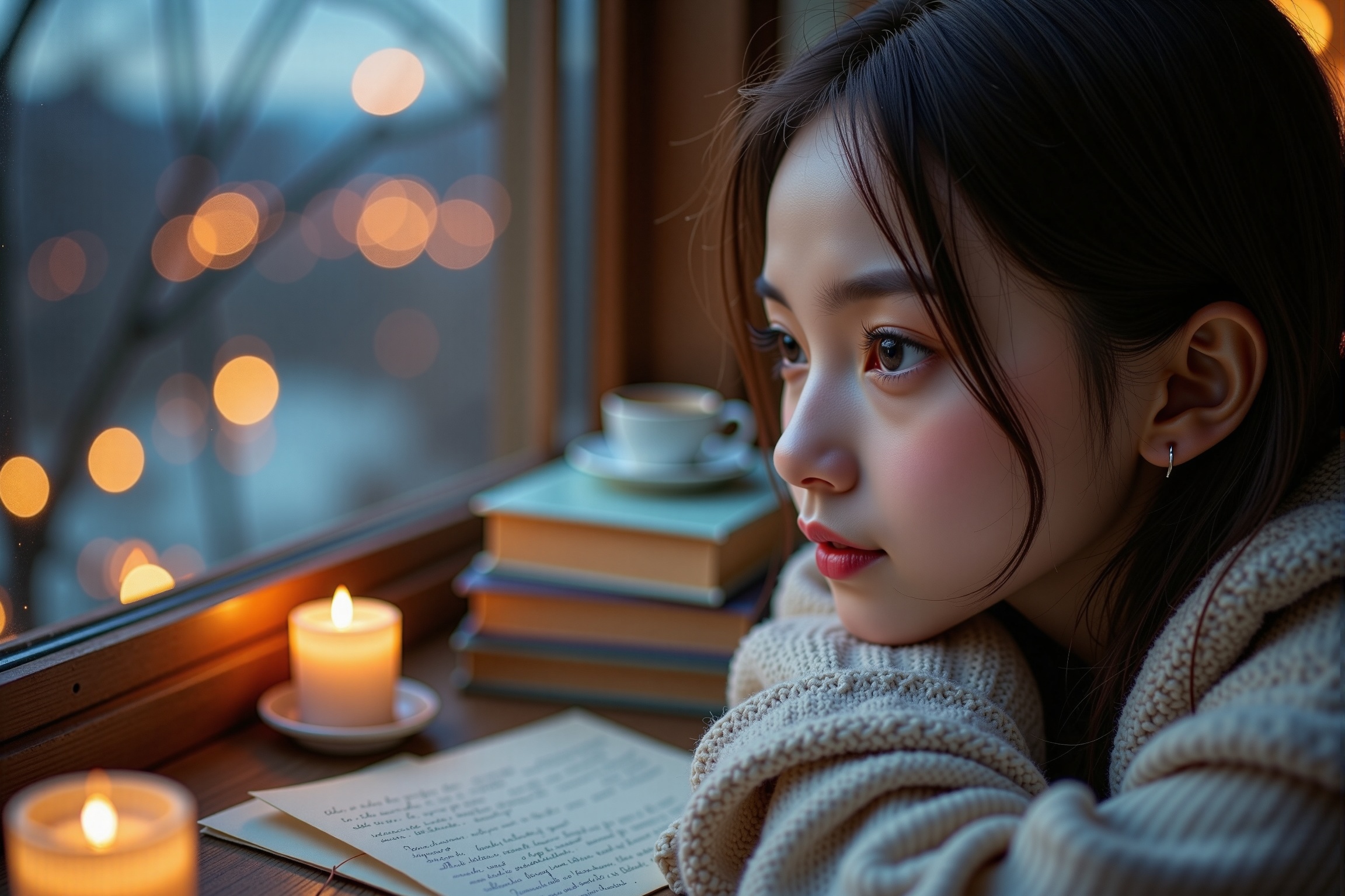 A close-up portrait of a girl leaning near the window,  looking out at the distant city lights,  soft reflections on the g...