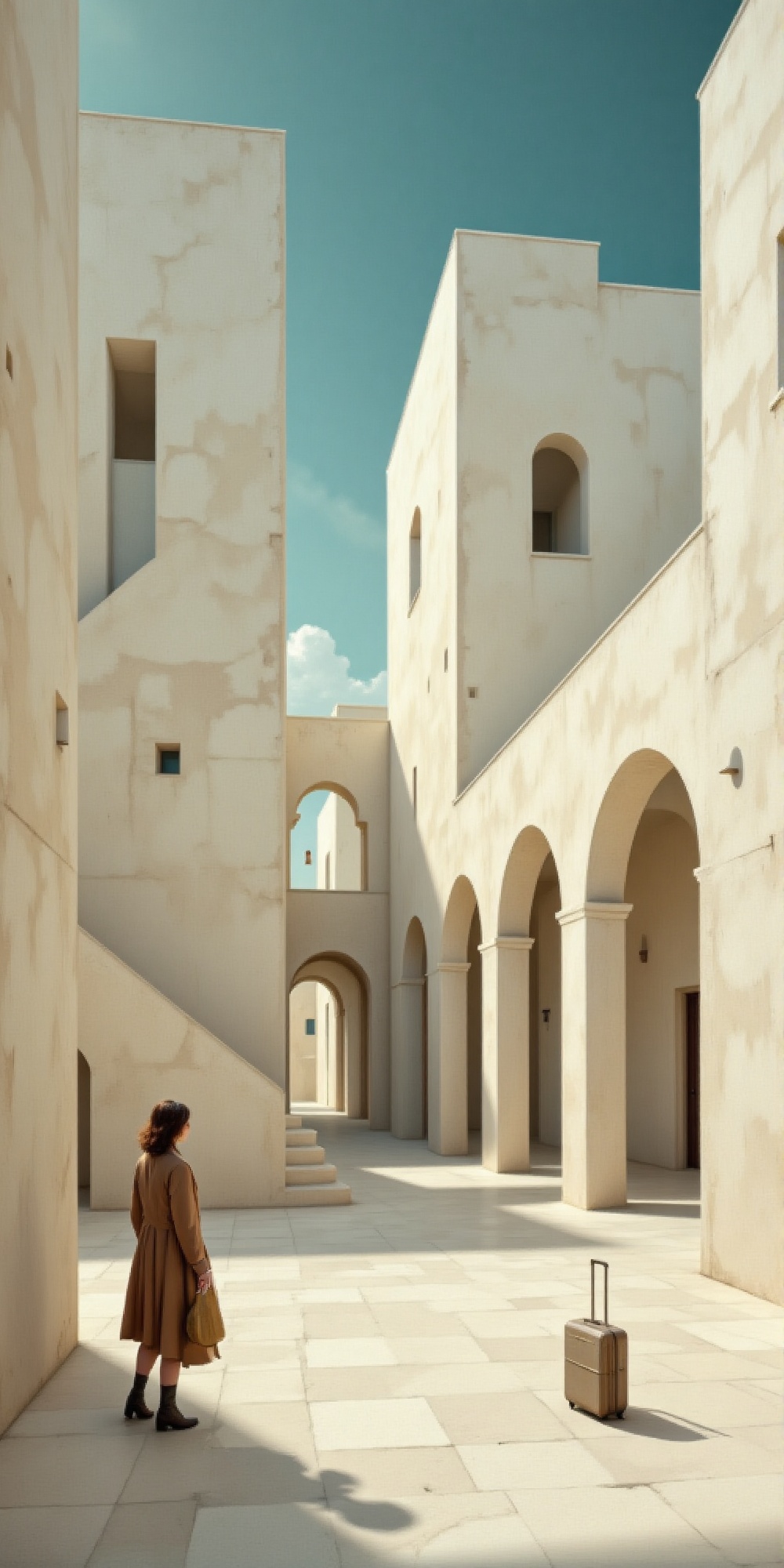 a surrealist metaphysical cityscape inspired by Giorgio de Chirico,  empty plaza with Overlapping geometric buildings,  su...