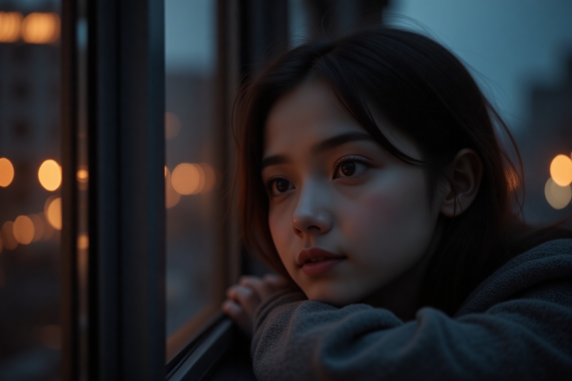 A close-up portrait of a girl leaning near the window,  looking out at the distant city lights,  soft reflections on the g...