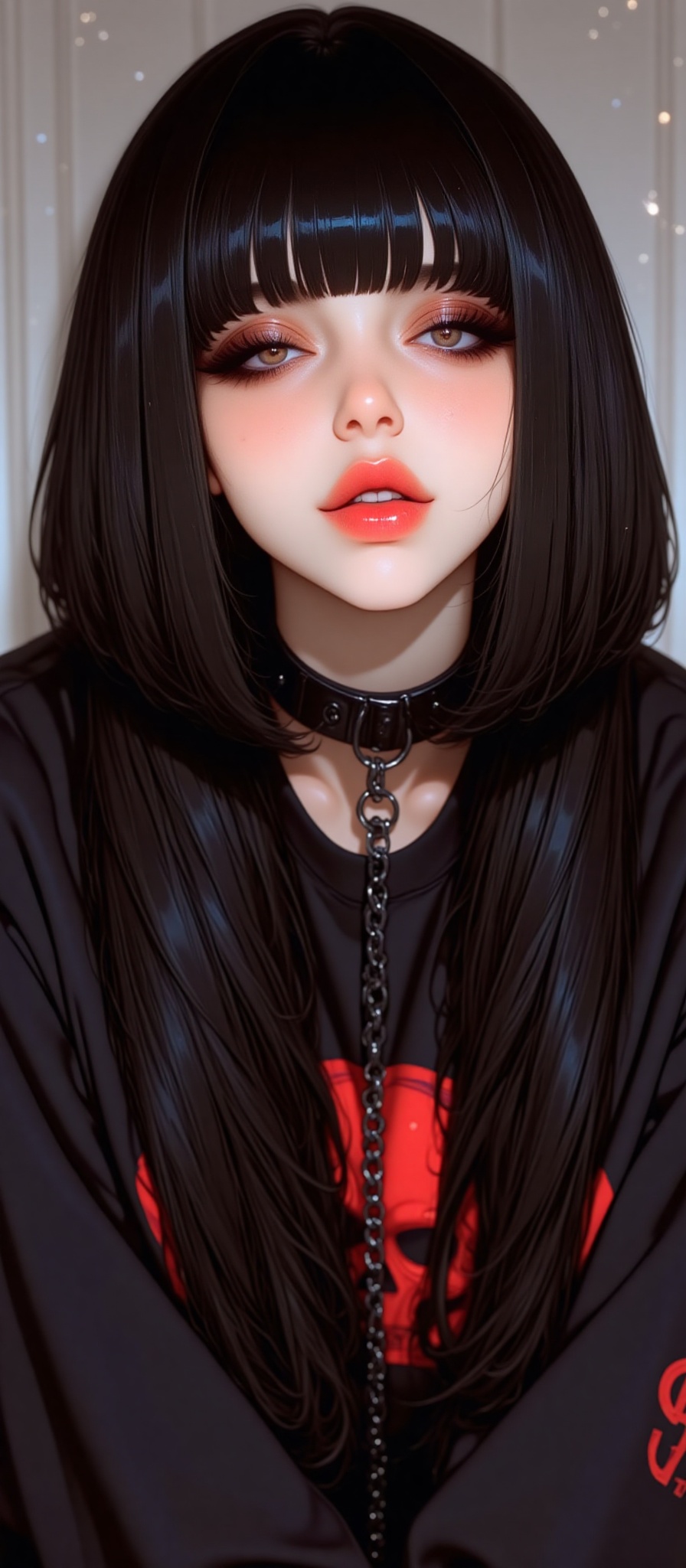 Anime-style digital illustration of a young woman with long black hair straight bangs and a black choker with a silver cha...