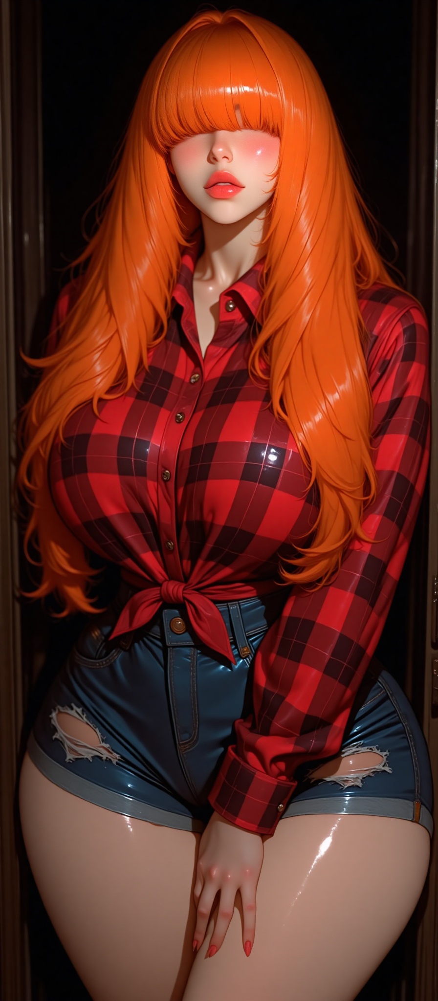 A voluptuous woman with long flowing orange hair wearing a red plaid shirt tied at the front exposing her large breasts. S...