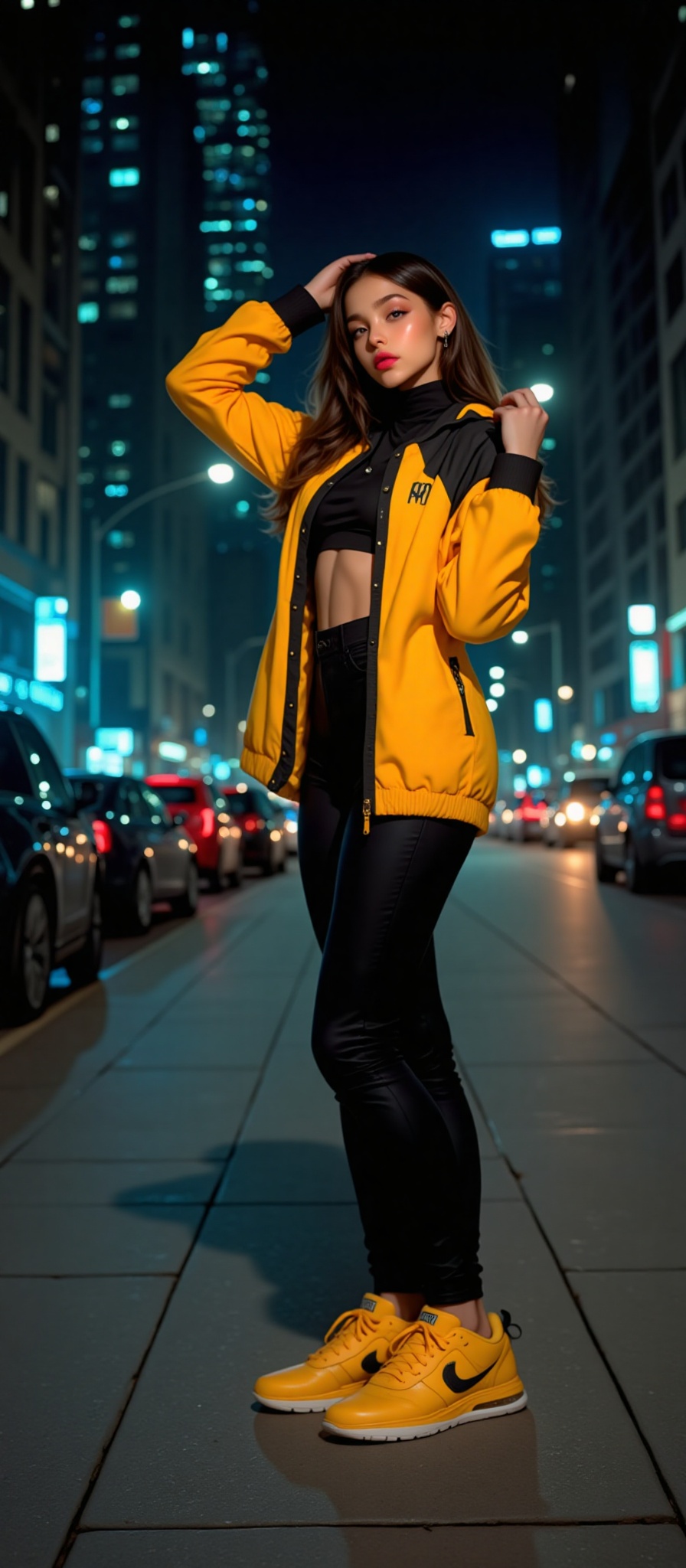 A Beautiful woman standing on a sidewalk at night,  wearing a bright yellow jacket with black accents and a black crop top...