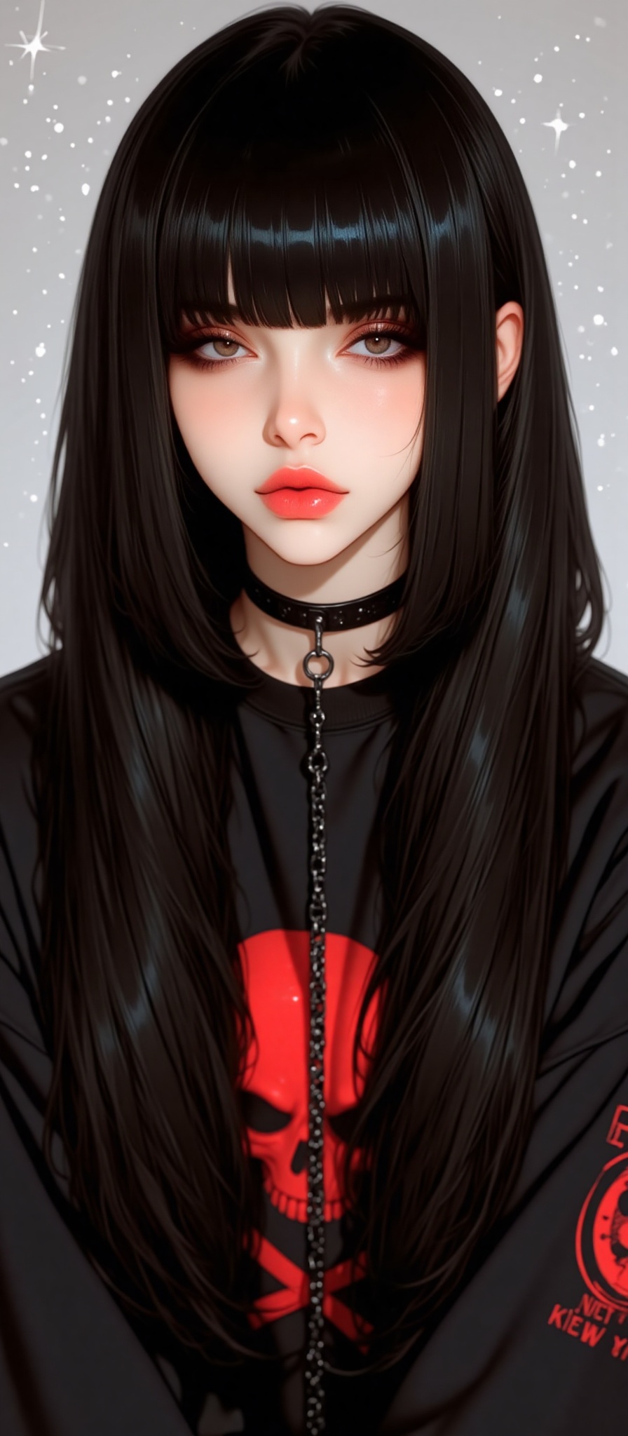 Anime-style digital illustration of a young woman with long black hair straight bangs and a black choker with a silver cha...