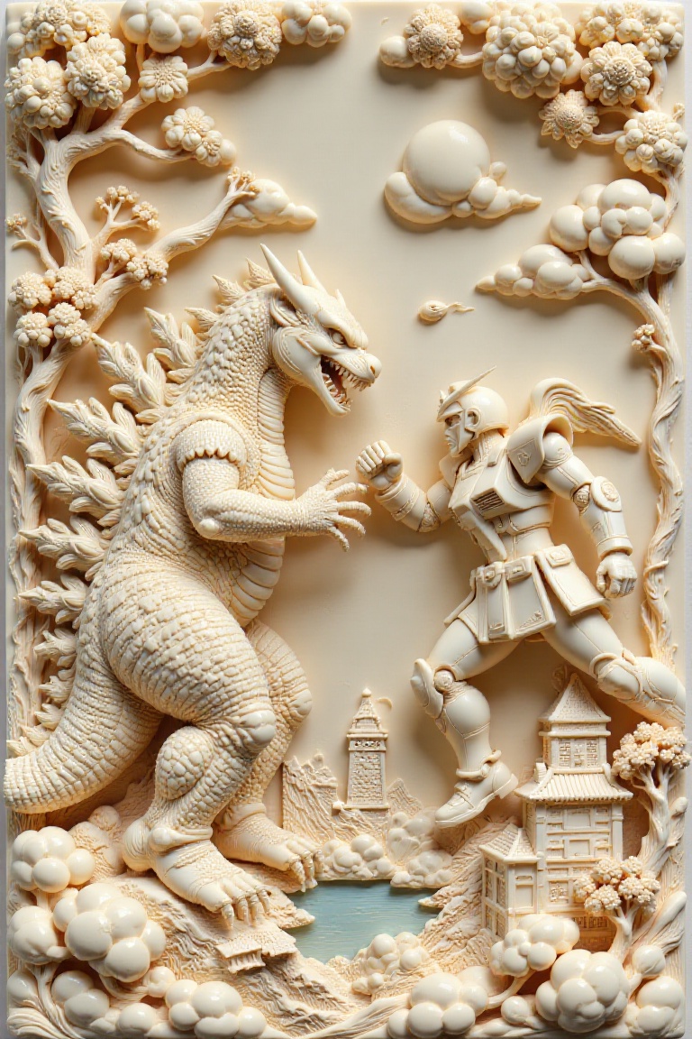 high-relief ivory carving of godzilla and gundam fighting on city,  highly detailed. UHD quality. sharp and clear,  full f...