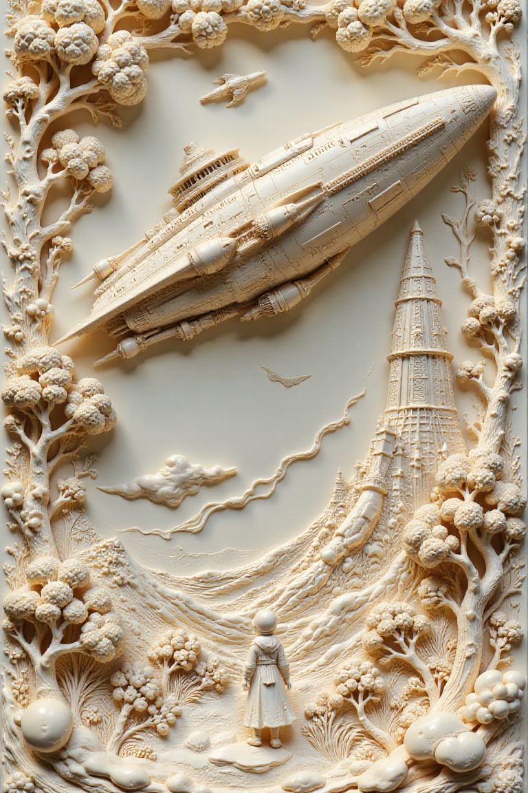 high-relief ivory carving of a beautiful,  intricate ornate,  perspective on the ground looking up at a large complex spac...