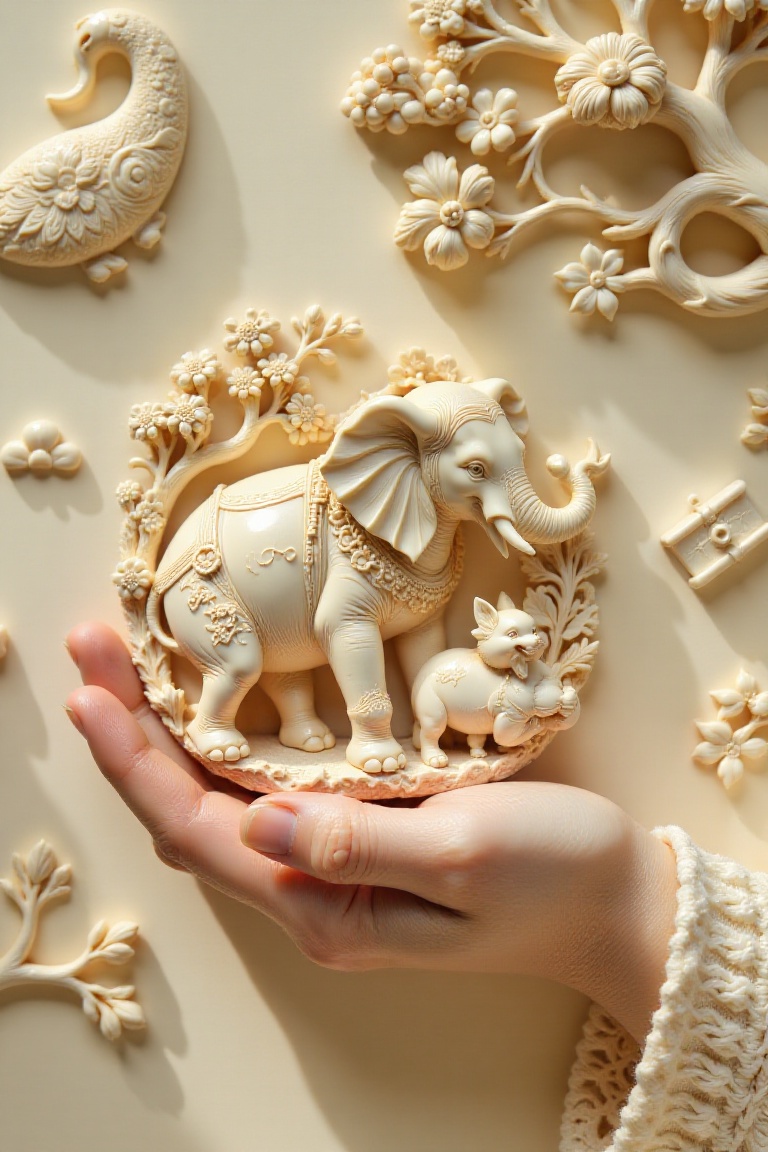 A close-up shot of an exquisite ivory carving,  delicately lit by soft natural light. The camera frames the intricate desi...