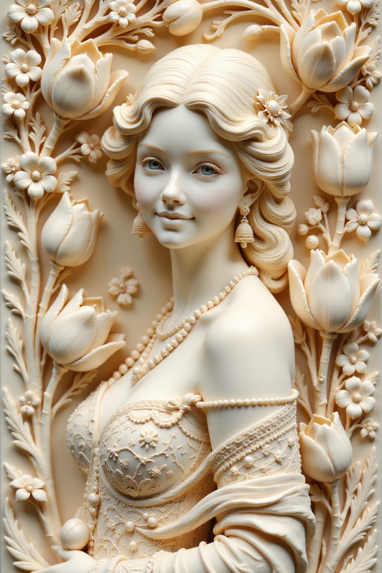 high-relief ivory carving of a beautiful woman in tulips garden,  highly detailed. UHD quality. sharp and clear,  full fra...