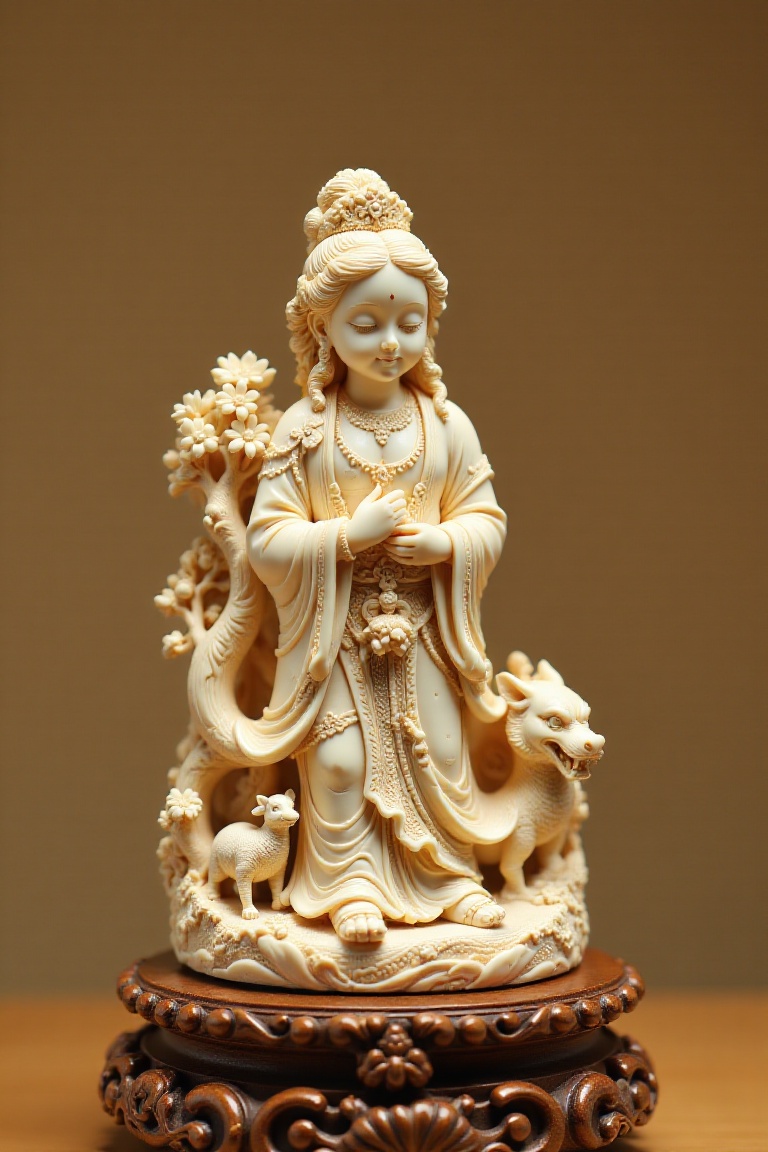 A close-up shot of an intricately carved ivory figurine on a dimly lit,  ornate wooden pedestal against a warm,  beige-col...