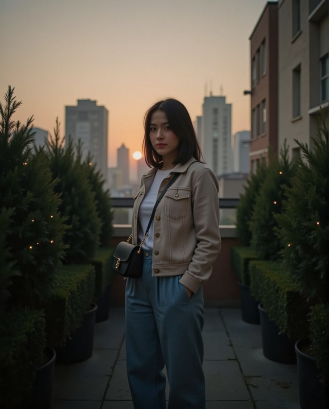 The image shows a young woman standing on a rooftop garden area,  surrounded by neatly trimmed bushes adorned with small w...