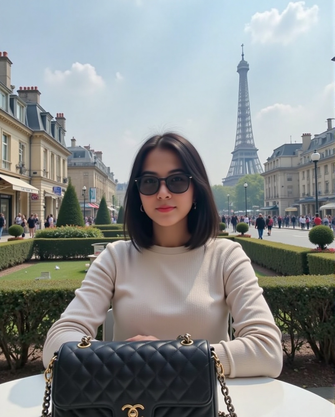 The image shows a young woman sitting at an outdoor table with a black quilted handbag on the table. She is wearing a crea...