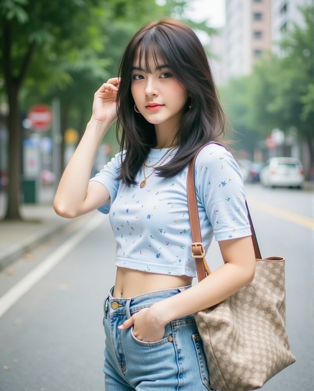 The image shows a young woman standing outdoors on a street. She is wearing a light blue crop top with a floral pattern an...