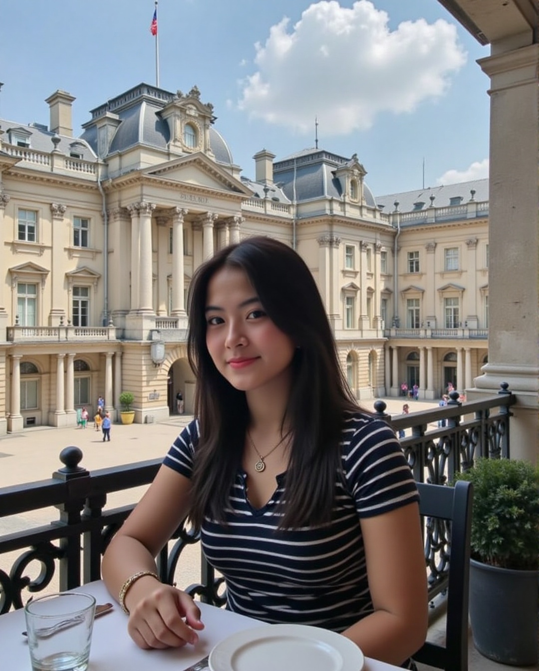 The image shows a young woman sitting at a table on a balcony with a view of a grand,  ornate building in the background....