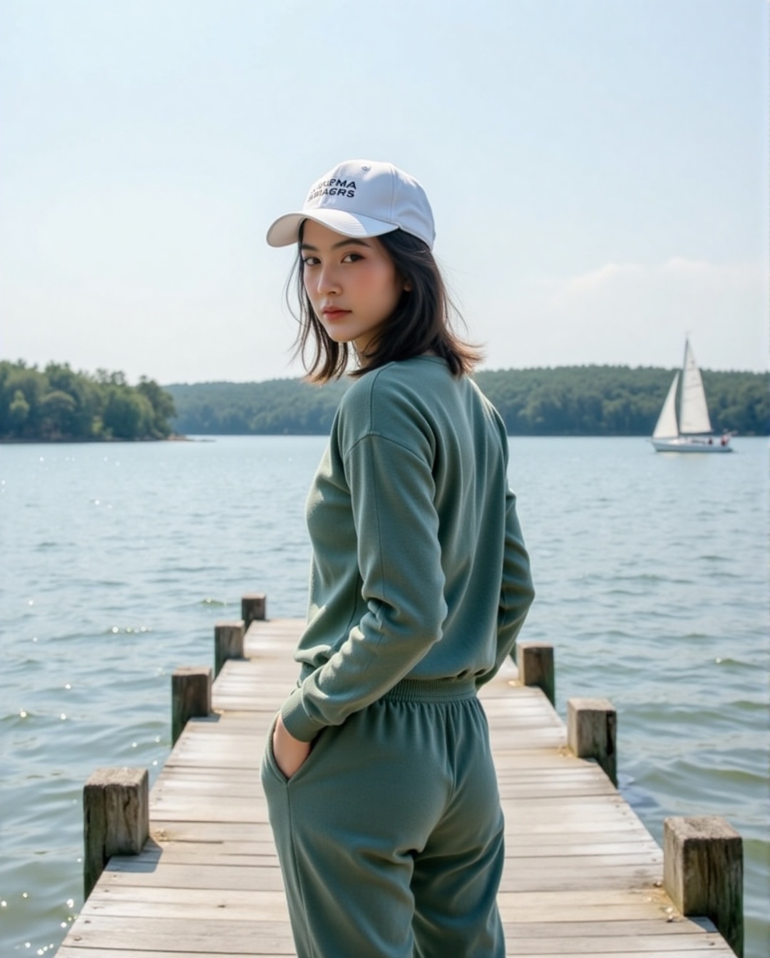 The image shows a young woman standing on a wooden dock by a body of water,  wearing a white cap and a matching set of gre...