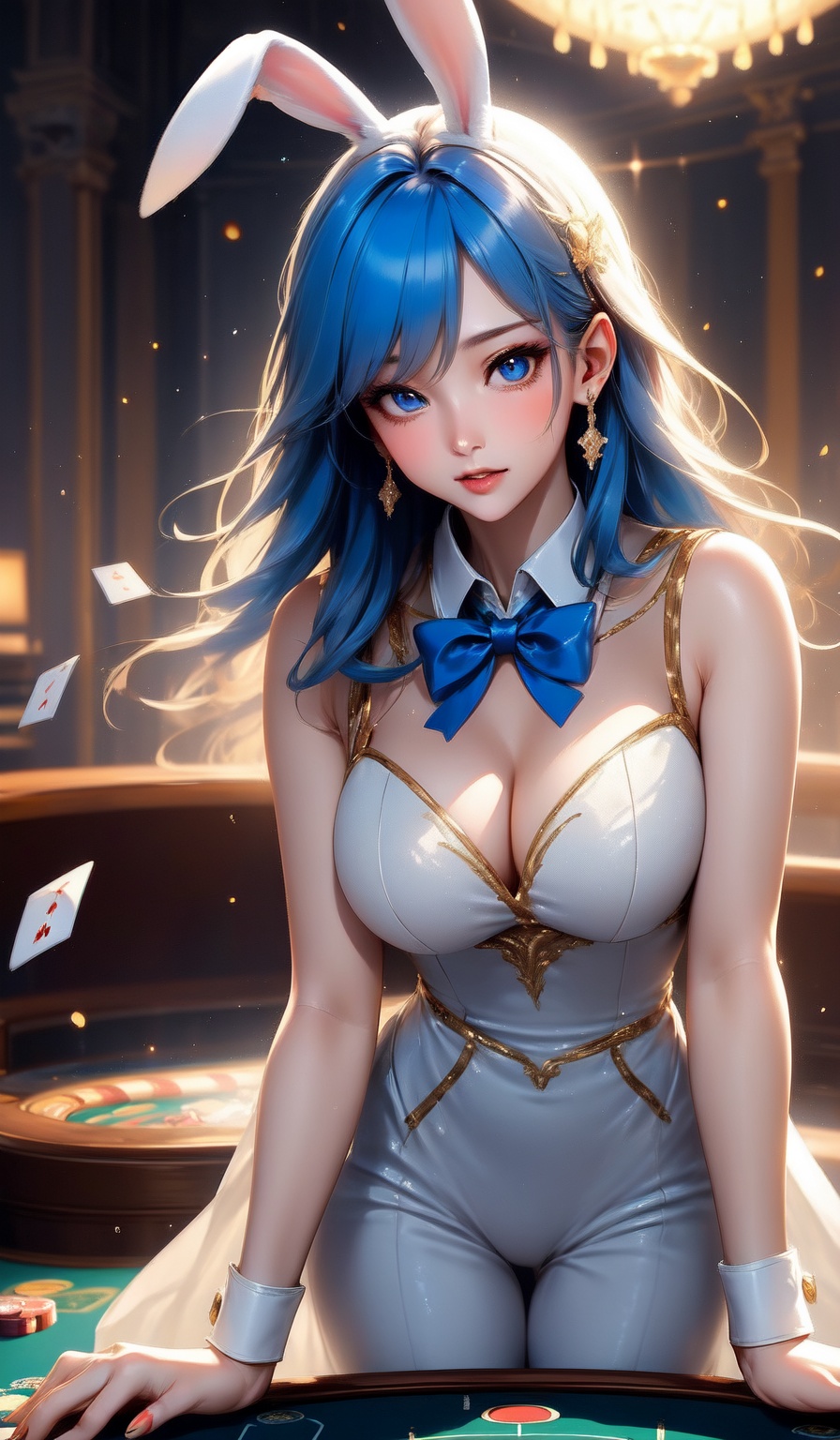 masterpiece,  1girl,  "A stunning anime-style female casino dealer with deep blue hair and bright blue eyes on Tensor.Art