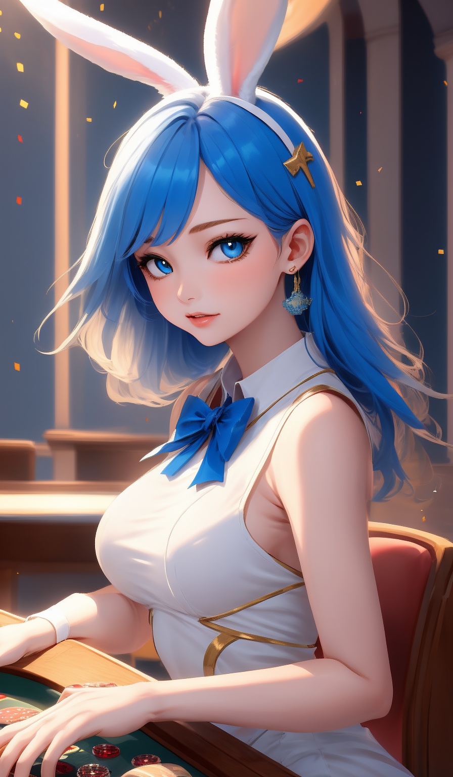 masterpiece,  1girl,  "A stunning anime-style female casino dealer with deep blue hair and bright blue eyes on Tensor.Art