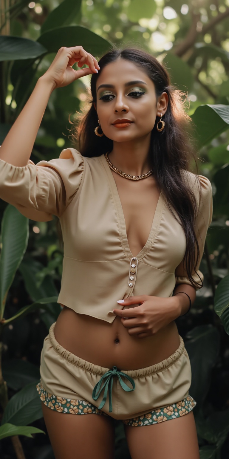 Here's a high-quality SD prompt for you: A sultry beauty woman poses in the heart of a dense tropical jungle,  her midriff...