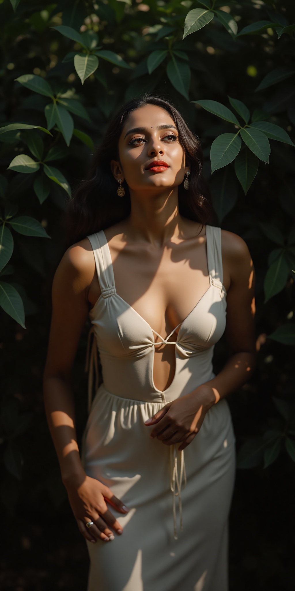 A stunning Indian actress,  Tamannaah Bhatia,  poses seductively in a modern dress showcasing her striking T-shaped navel....