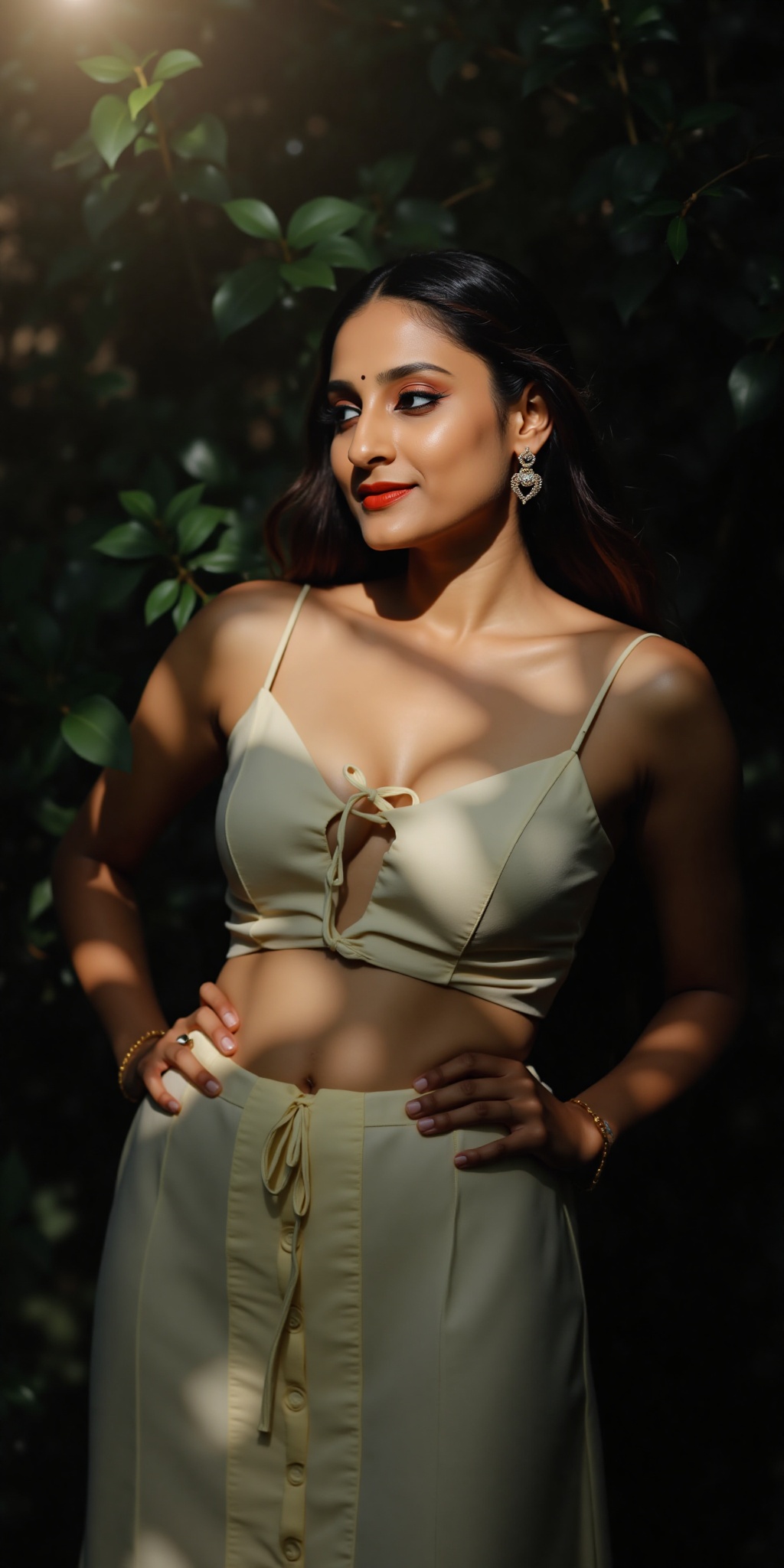 A stunning Indian actress,  Tamannaah Bhatia,  poses seductively in a modern dress showcasing her striking T-shaped navel....