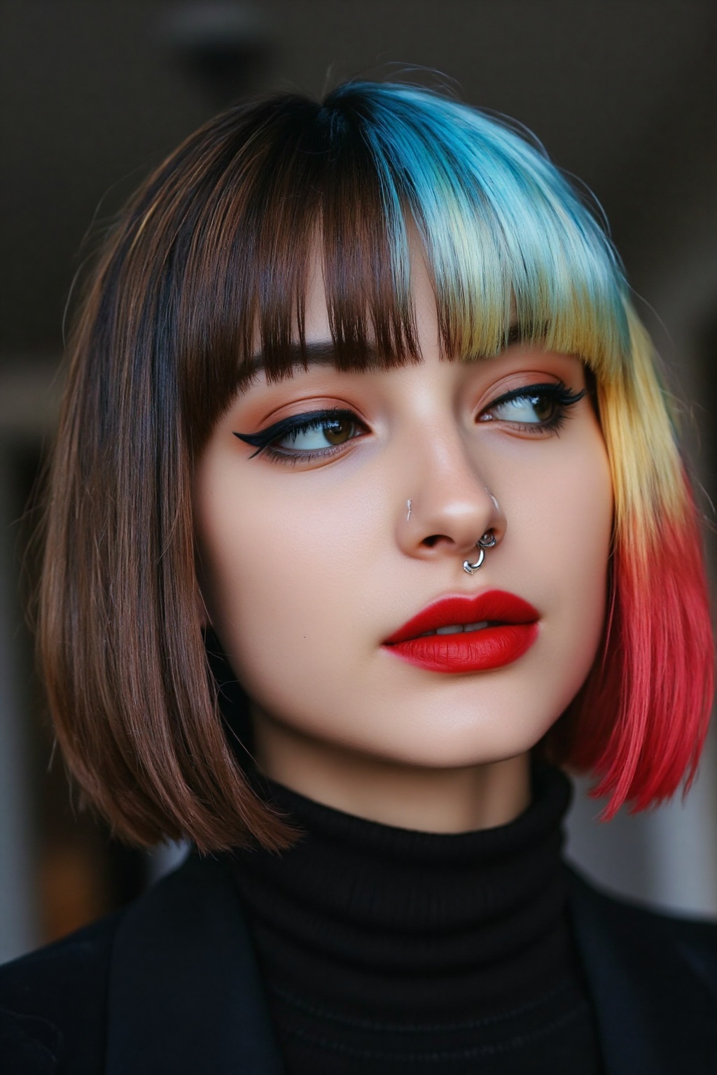 A close-up photograph of a young woman with a medium-length bob haircut featuring a striking multicolored ombre: brown blu...