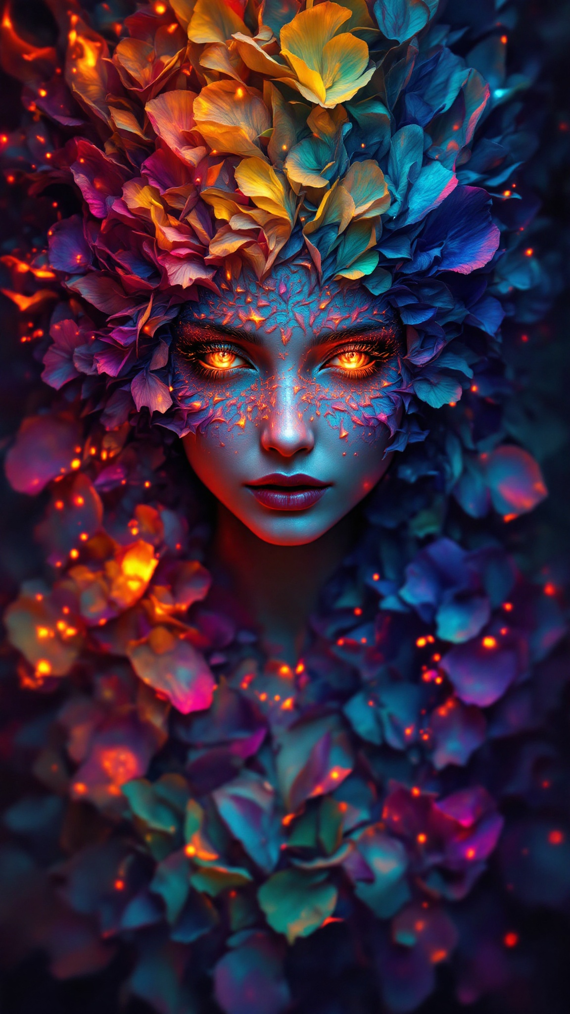 rainbow dreaming world,  portrait a female made of petals of flower ready to enter into your soul,  painting by Mark Brook...