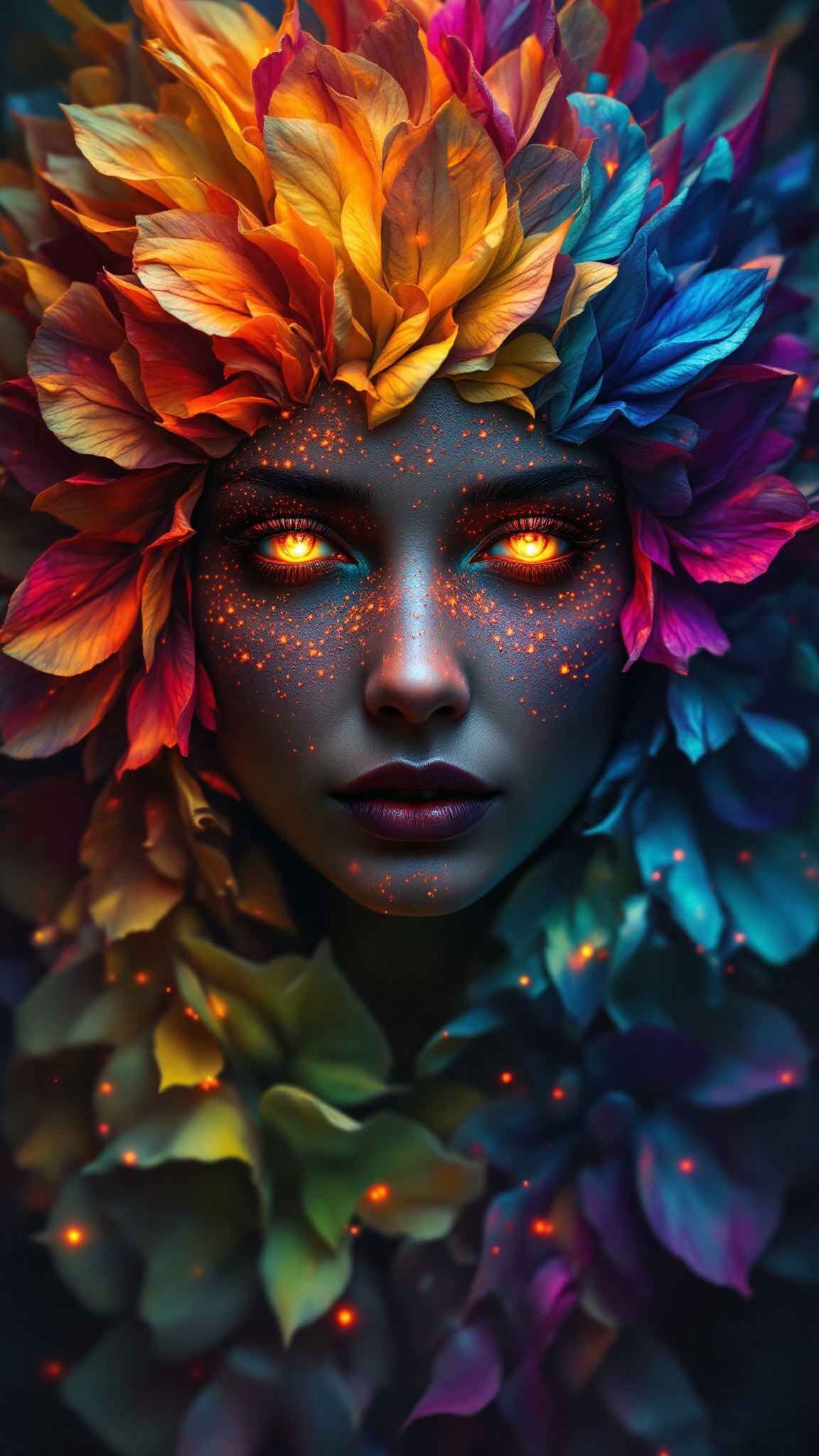 rainbow dreaming world,  portrait a female made of petals of flower ready to enter into your soul,  painting by Mark Brook...