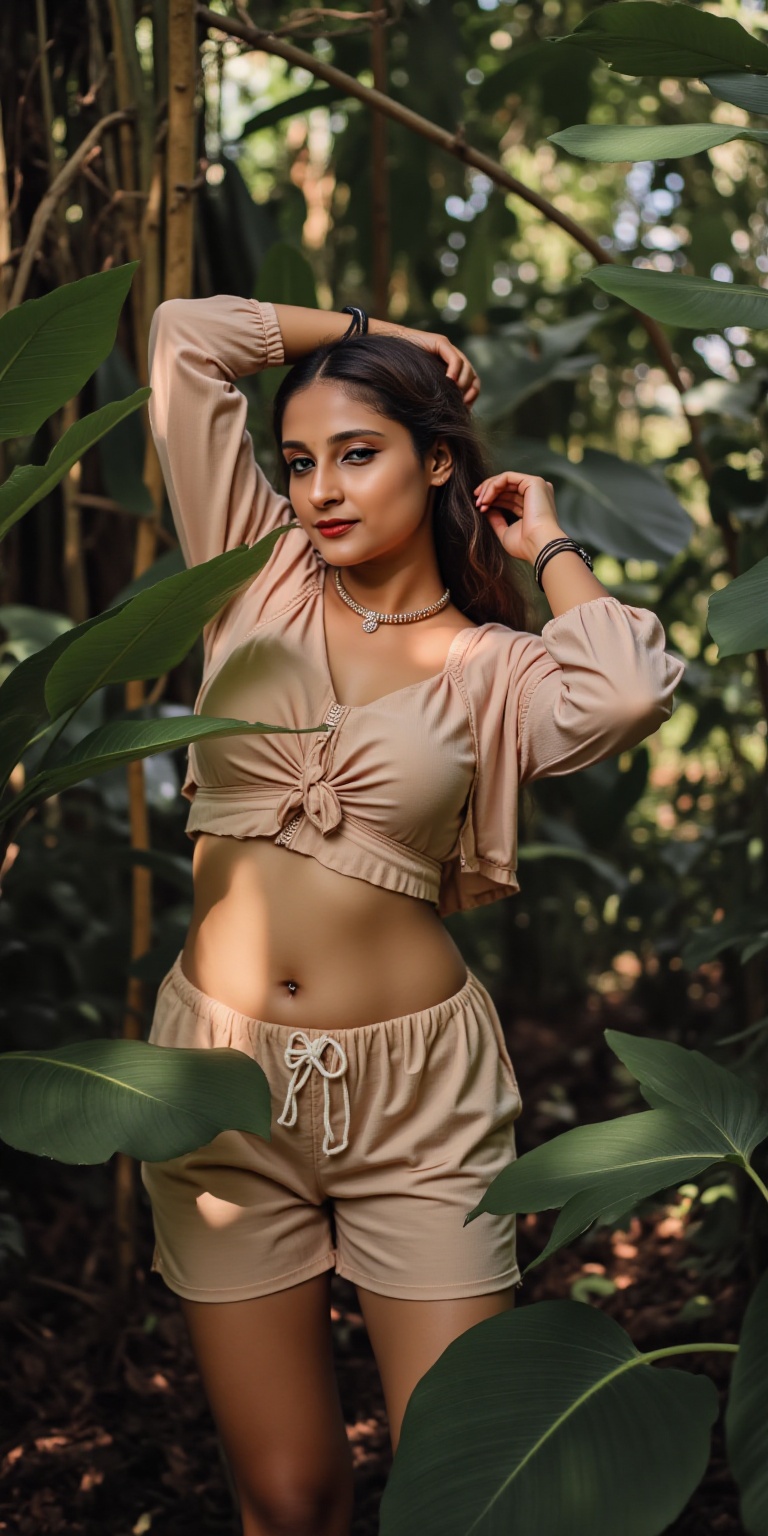 a sultry beauty posing amidst the dense foliage of a tropical jungle. She wears modern shorts showcasing her midriff and a...