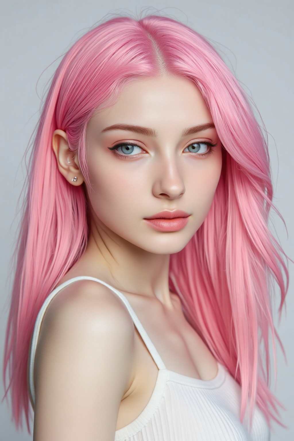 Photograph of a beautiful young woman with long straight vibrant pink hair fair skin and striking blue eyes. She has a del...