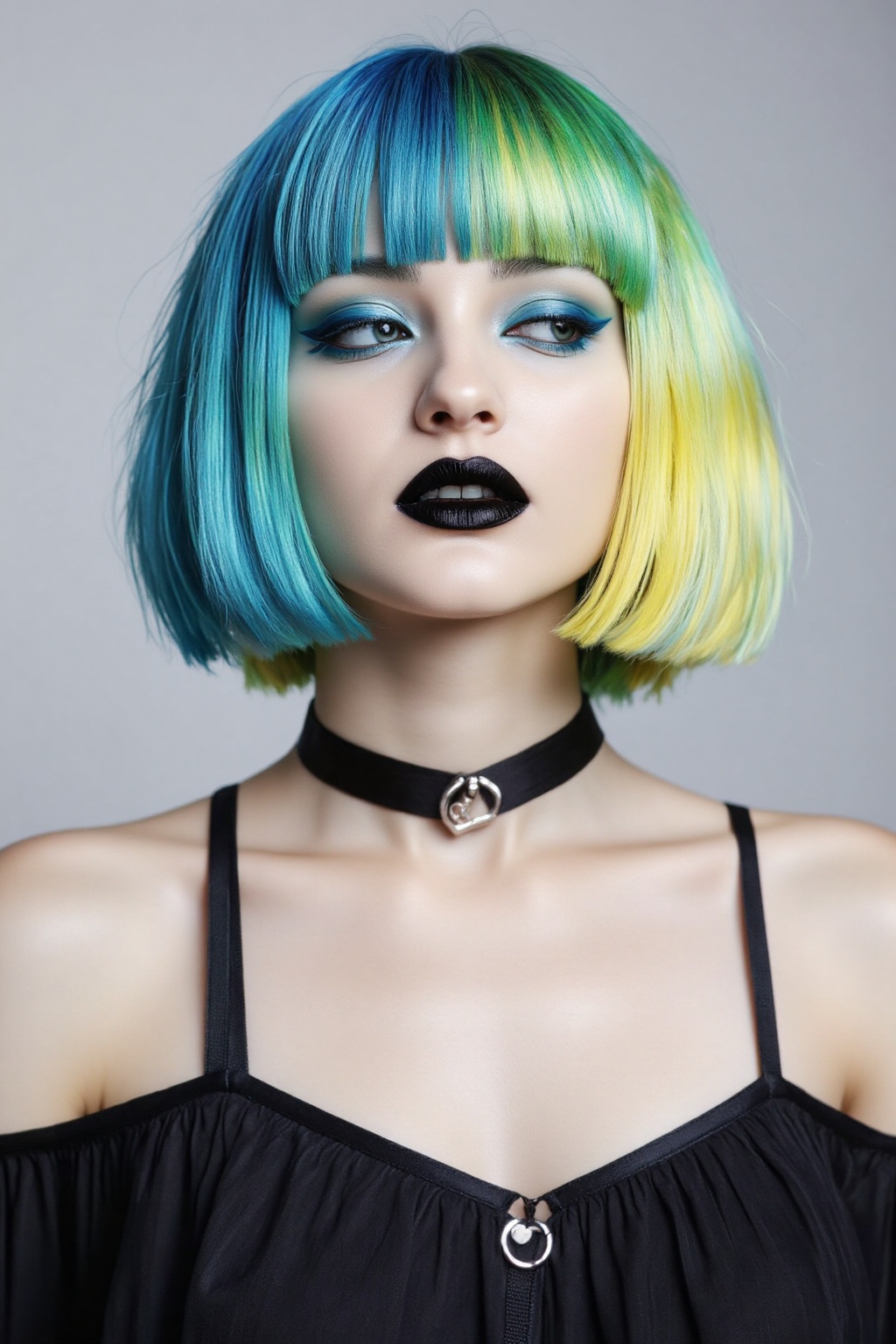 Photograph of a woman with a short vibrant bob haircut featuring multicolored streaks of blue green and yellow. She has pa...
