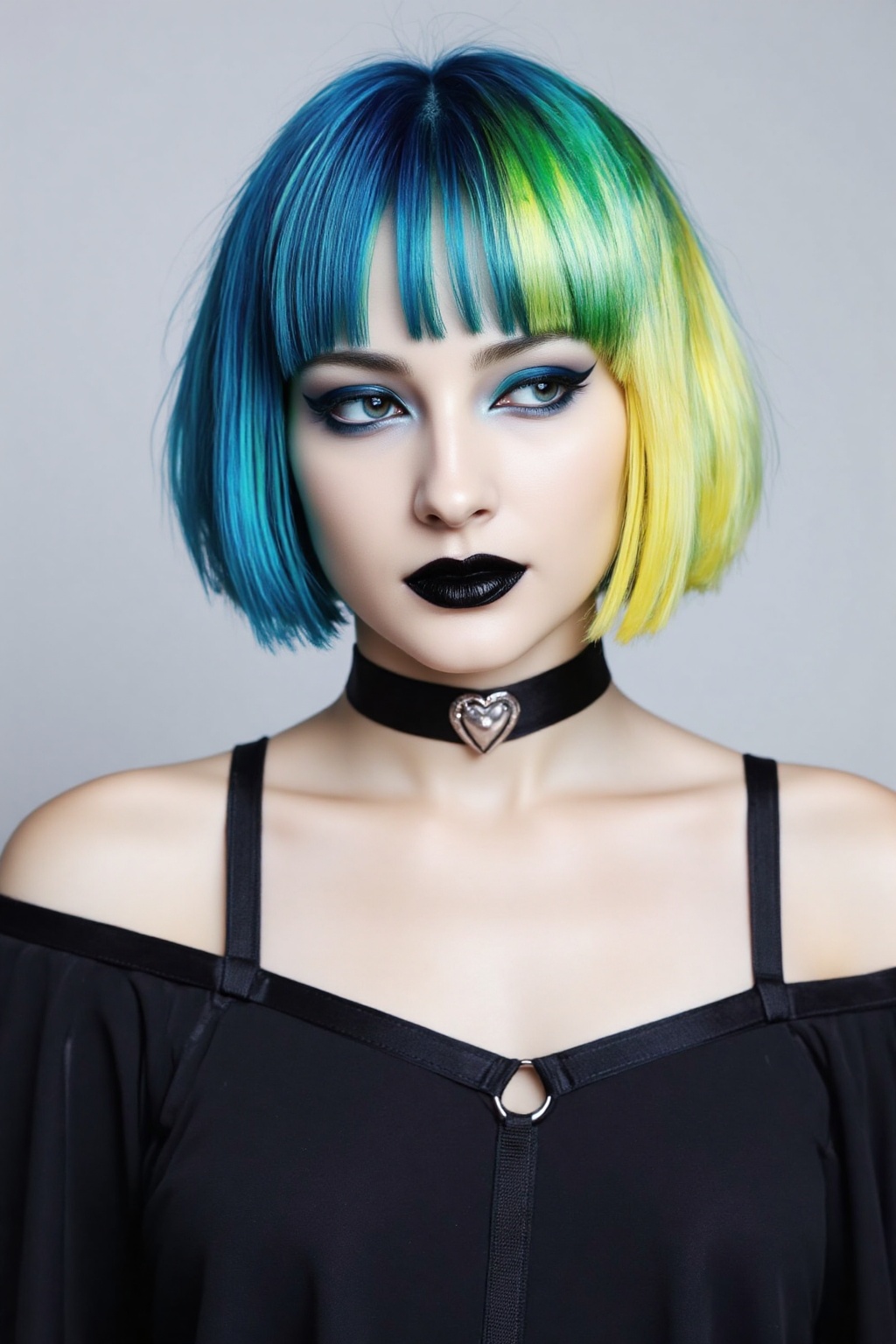 Photograph of a woman with a short vibrant bob haircut featuring multicolored streaks of blue green and yellow. She has pa...