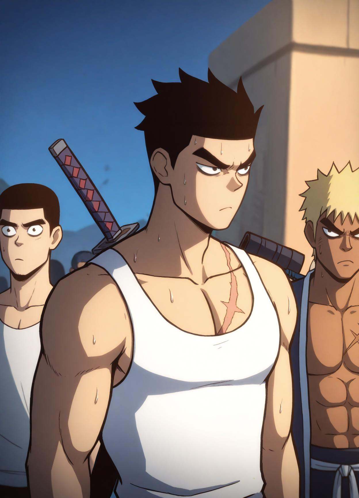 s3v3n,  multiple boys,  weapon on back on Tensor.Art