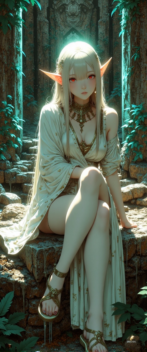 In a stunningly crafted masterpiece,  an enchanting elf maiden with long,  flowing white hair and piercing red eyes sits m...