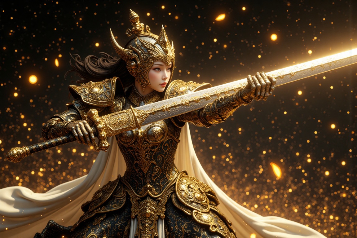 A luminous,  photorealistic image captures a The image depicts a highly detailed and intricate scene of a woman knight ,...
